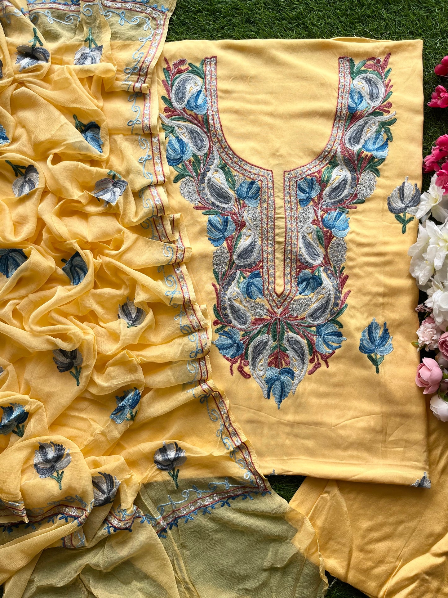 Golden Yellow Muslin Cotton Aari Embroidered 3pc set