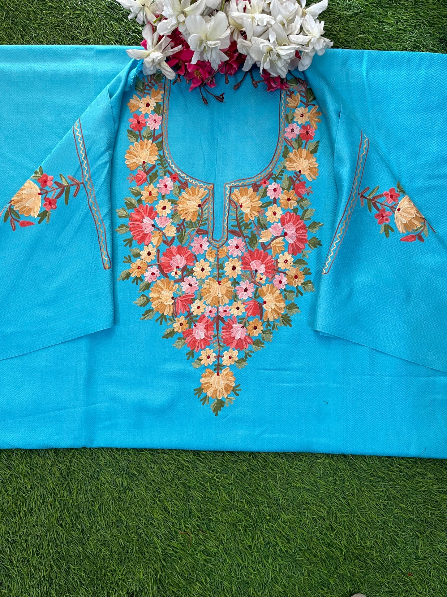 Sky Blue Woollen Aari Embroidered 2pc suit 5mtr
