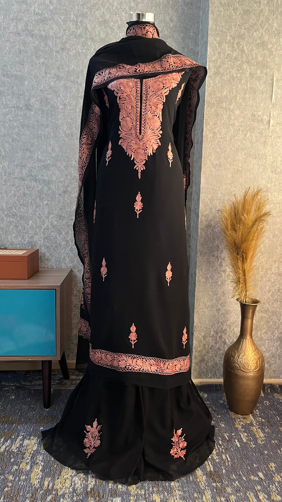 Georgette Black 3 Pc Kashmiri Suit