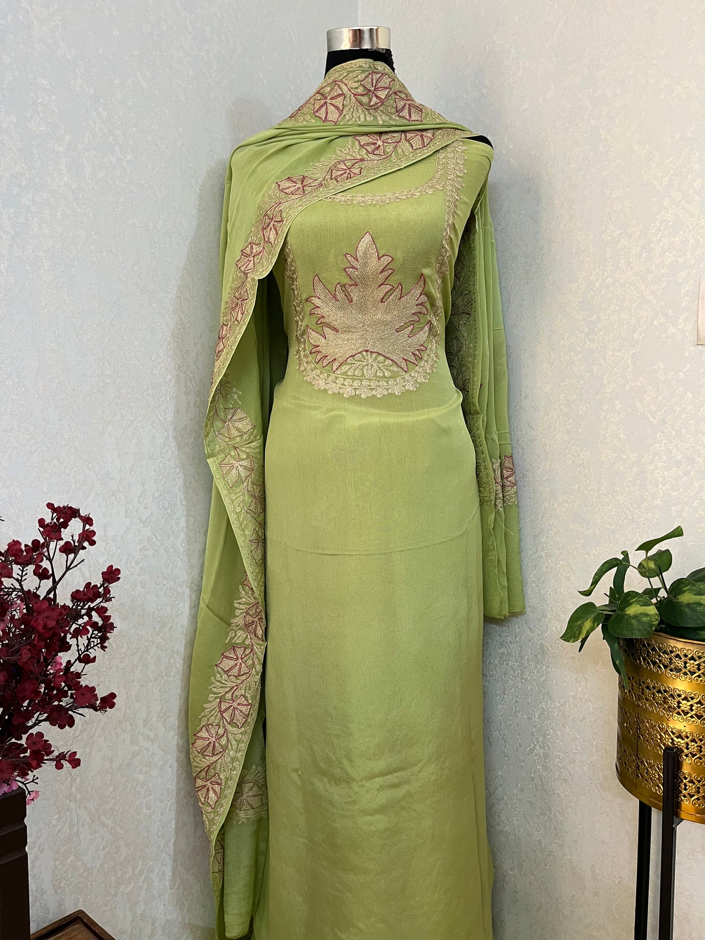 Lime Green Chinon 3 Pc Aari Embroidered Suit