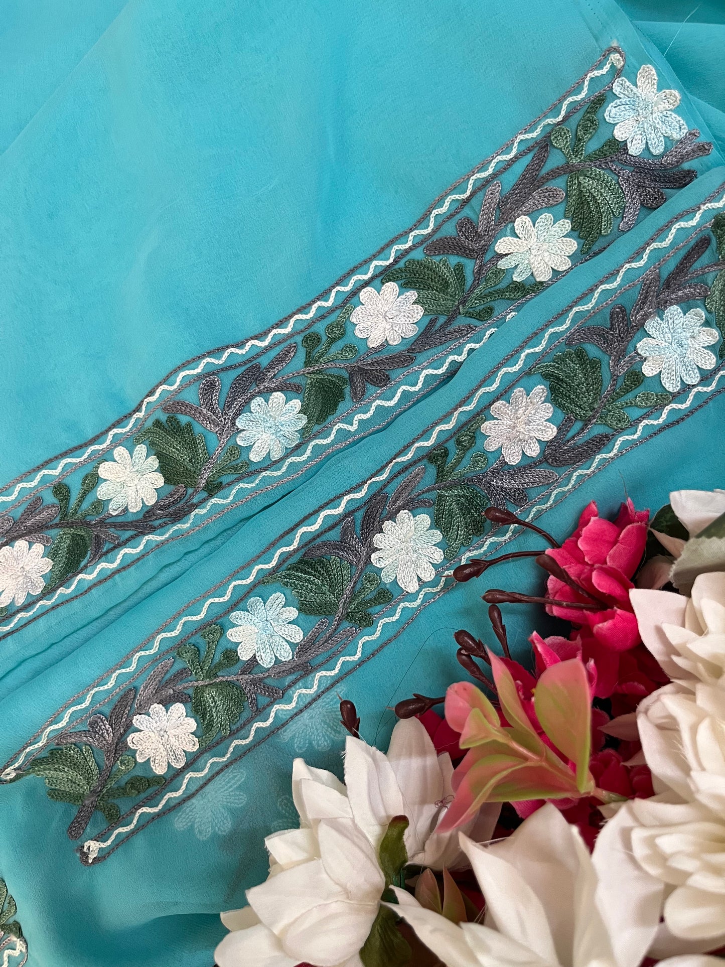 Sky Blue Georgette 3 Pc Aari Embroidered Suit Set