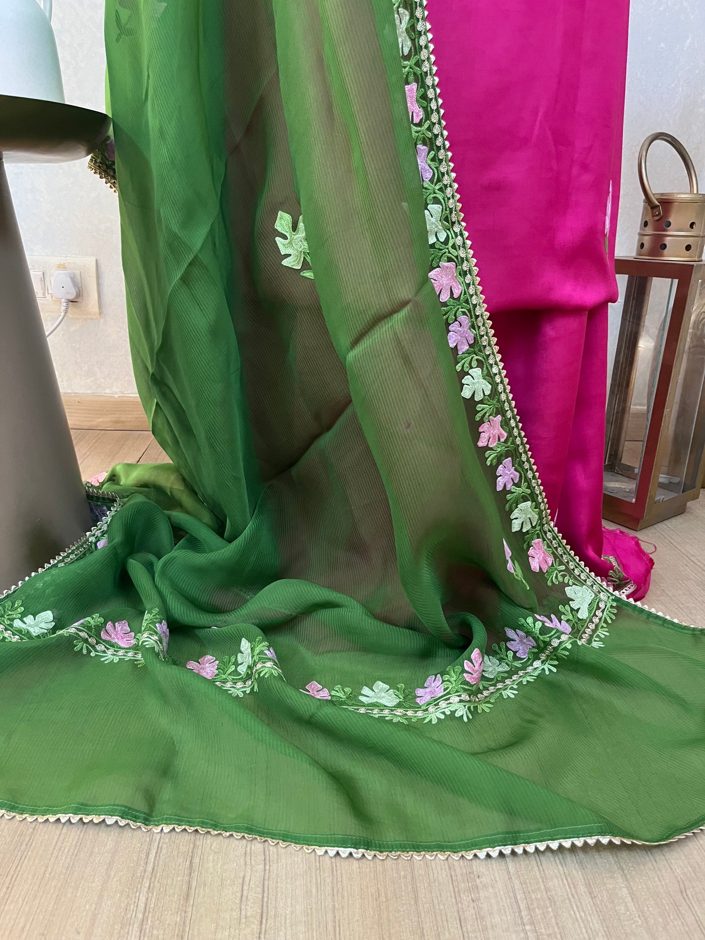 Hot Pink Satin Cotton Kashmiri Suit