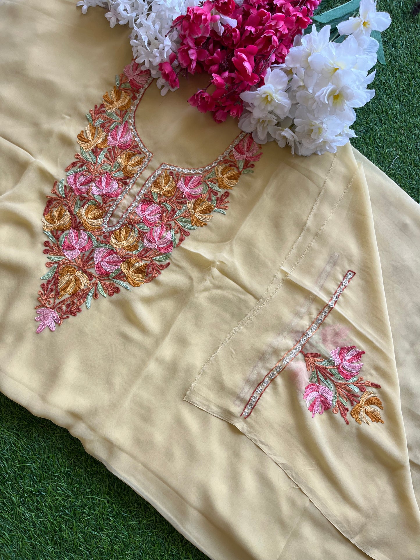 Golden Yellow Georgette Aari Embroidered Unstitched Kurta Material