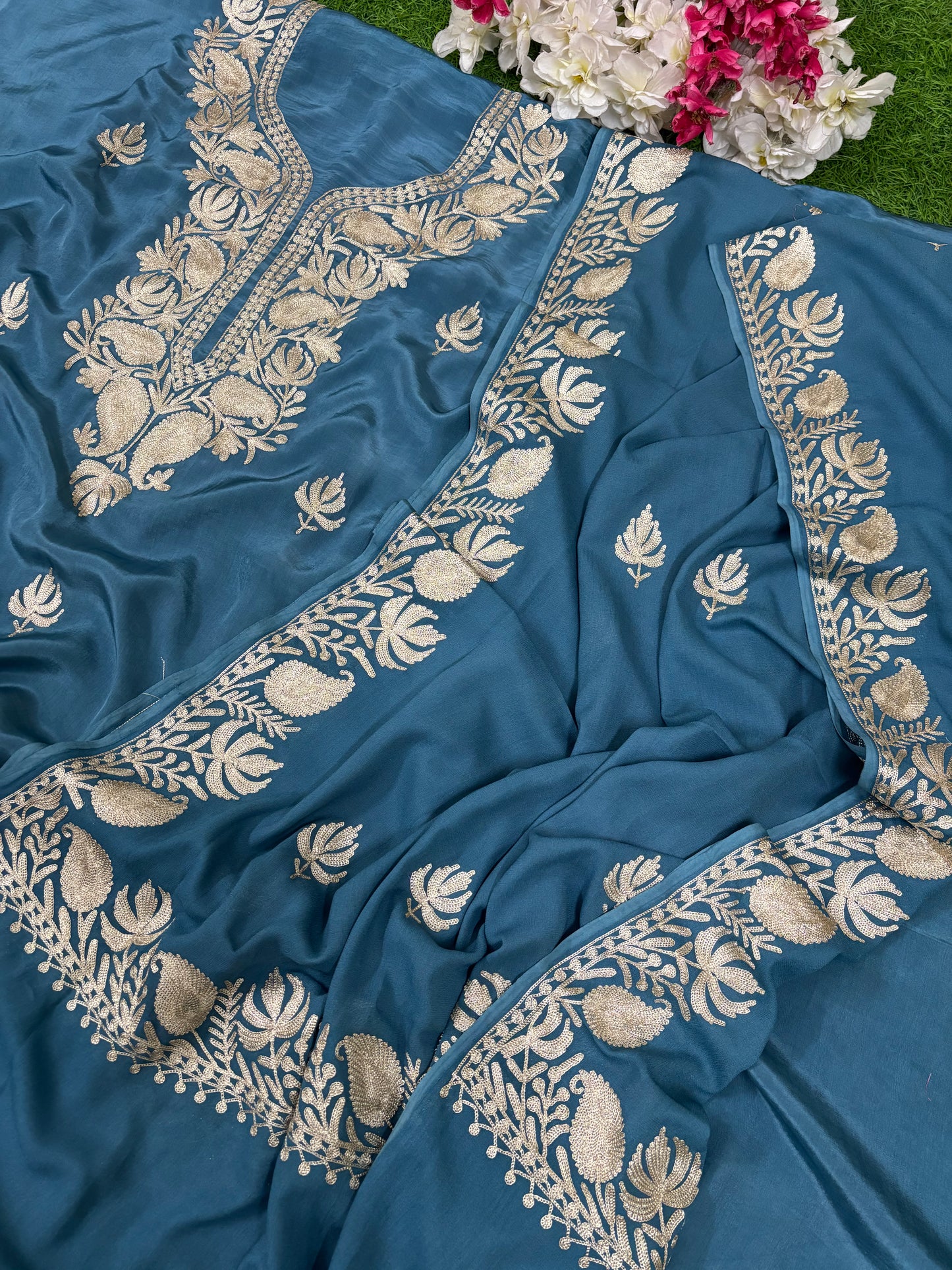 Kalaa’ English Blue Crape Kashmiri Suit