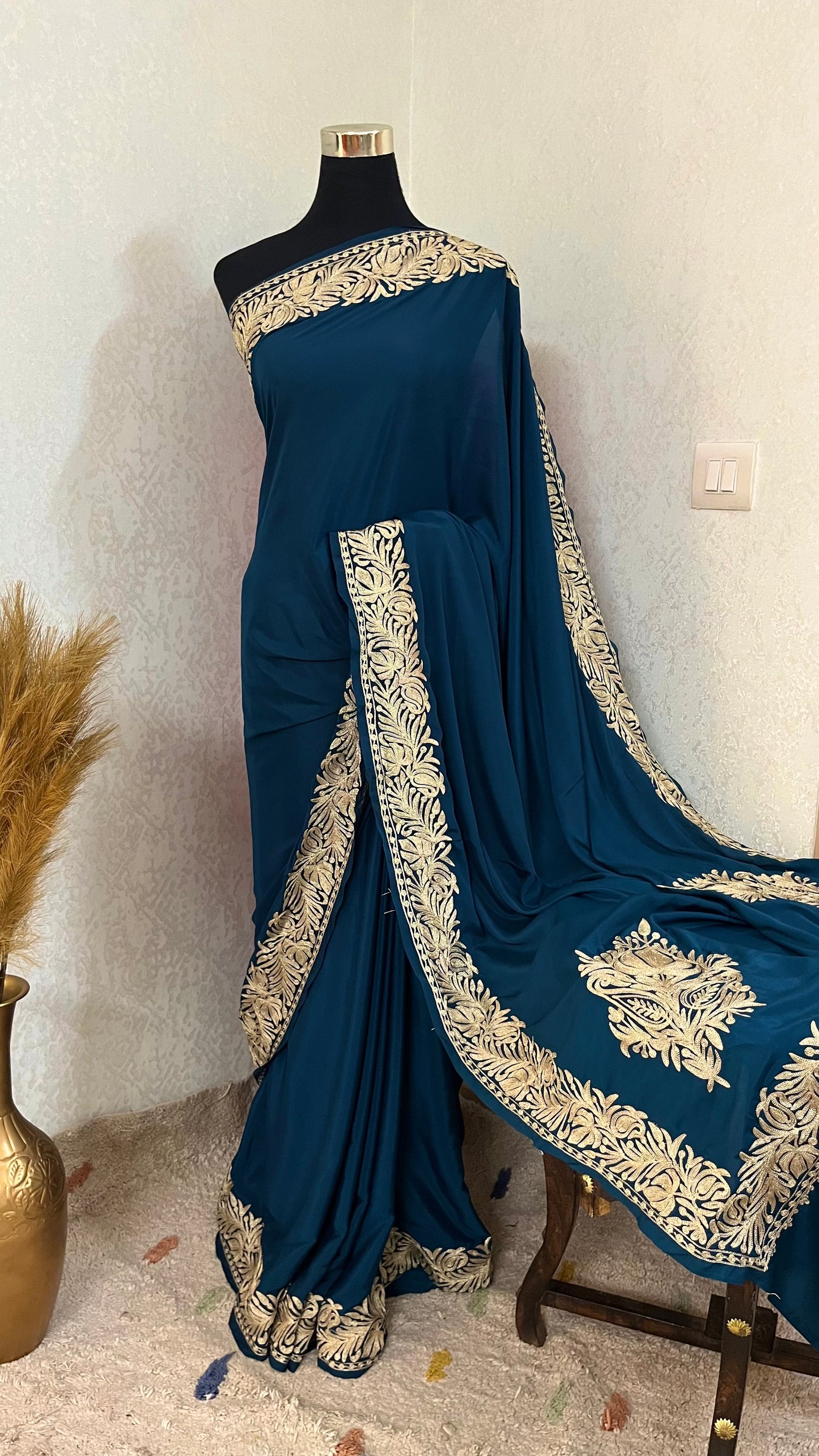 Teal Blue Crape Kashmiri Tilla Saree
