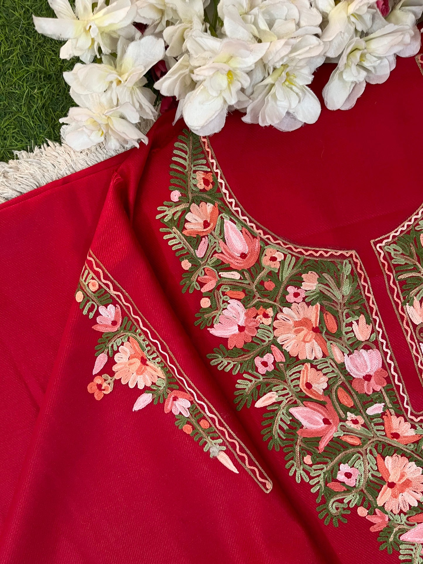 Red Woollen Aari Embroidered 2pc suit 5mtr