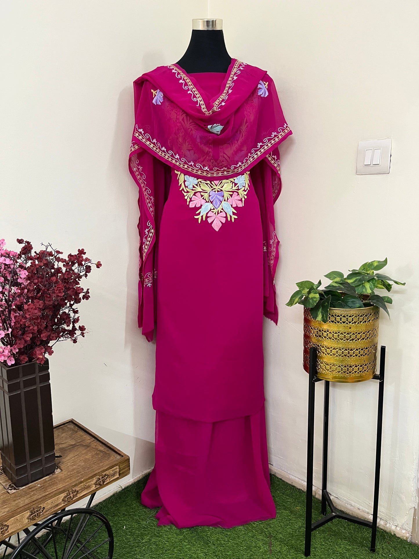 Hot Pink Georgette 3 Pc Aari Embroidered Suit Set