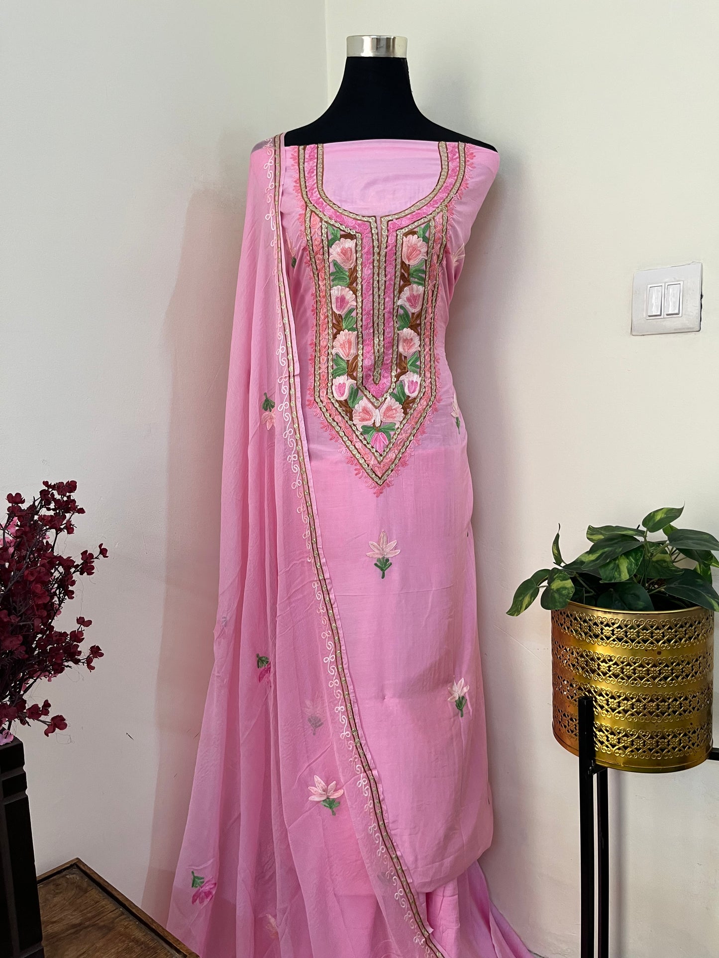 Soft Pink Muslin Cotton Aari Embroidered 3pc set