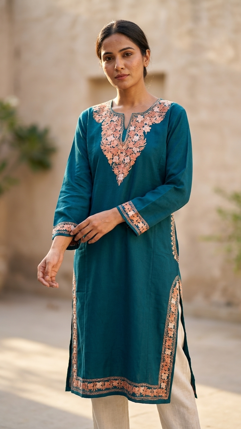 Green Aari Embroidered Wool Pheran
