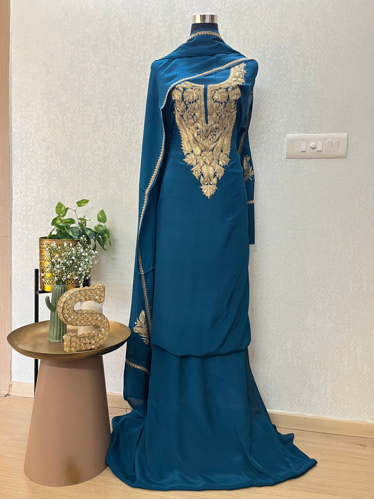 Peacock Blue Crape Kashmiri Suit