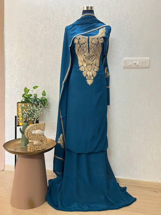 Peacock Blue Crape Kashmiri Suit