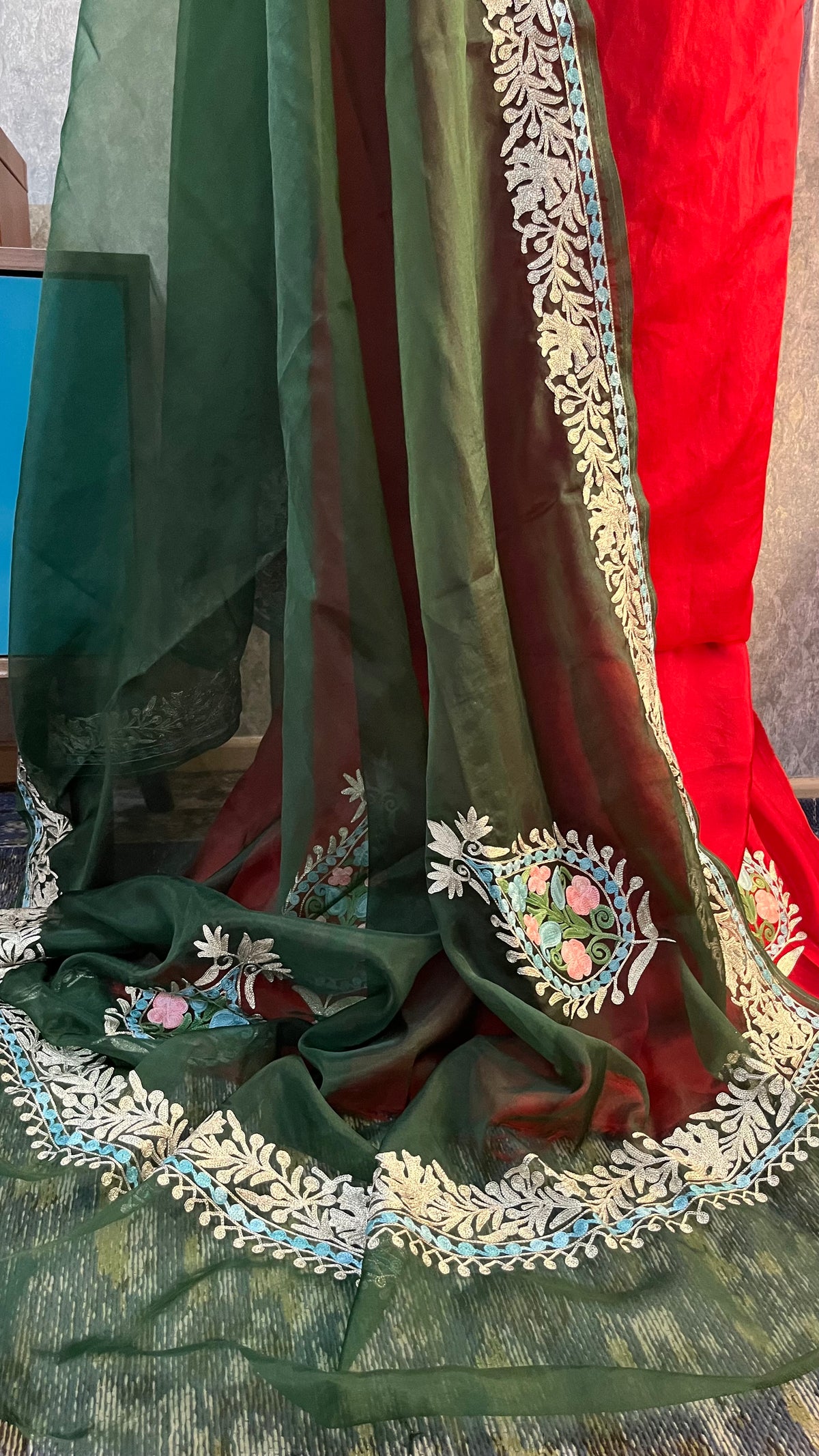 Red Soft Tissue Kashmiri Suit