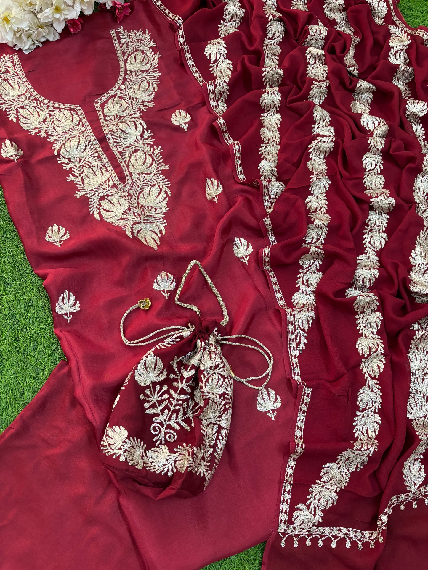 Sanam Silk Kashmiri Suit with Potli