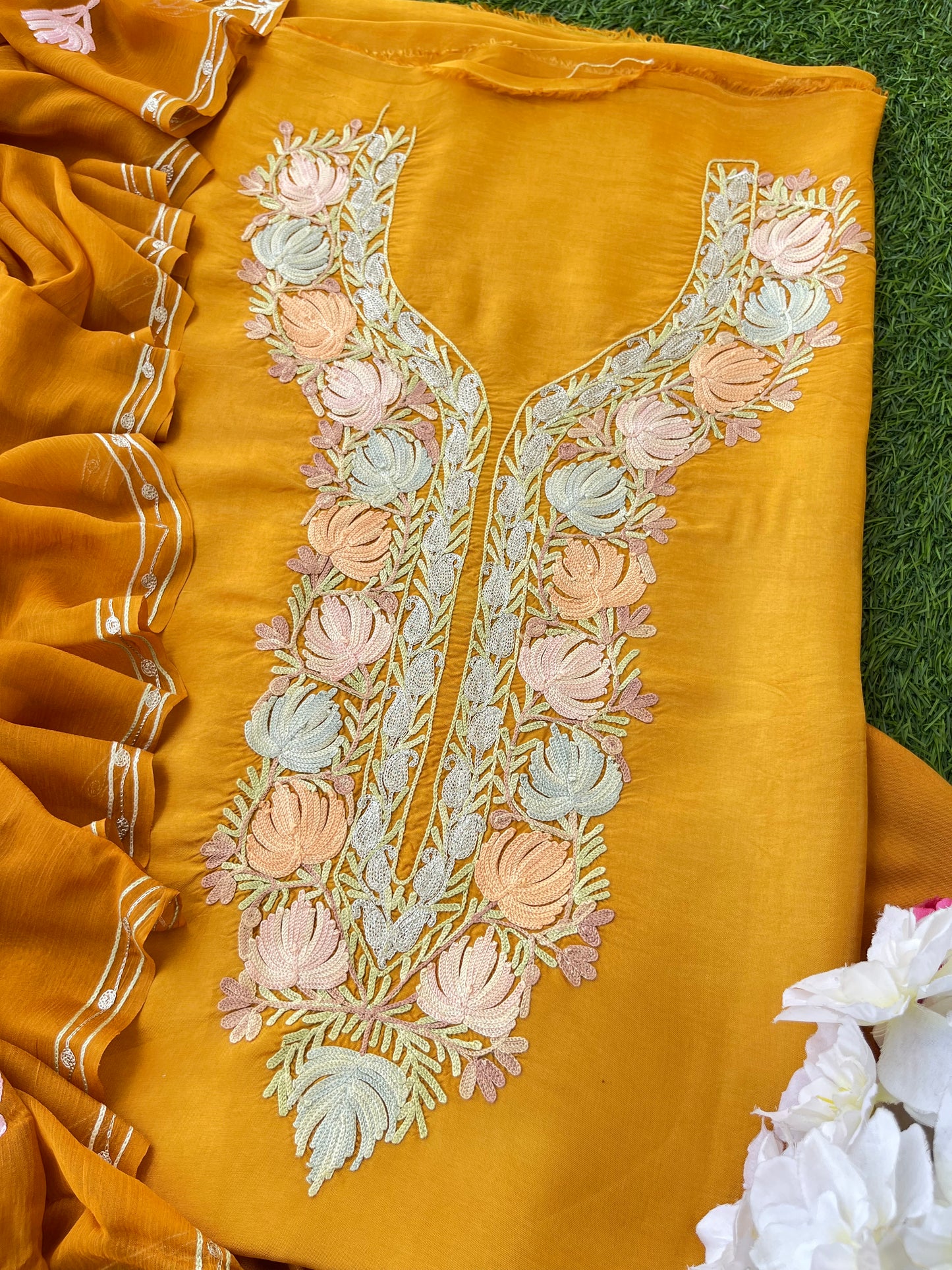 Mustard Opada Silk Aari Embroidered Suit material