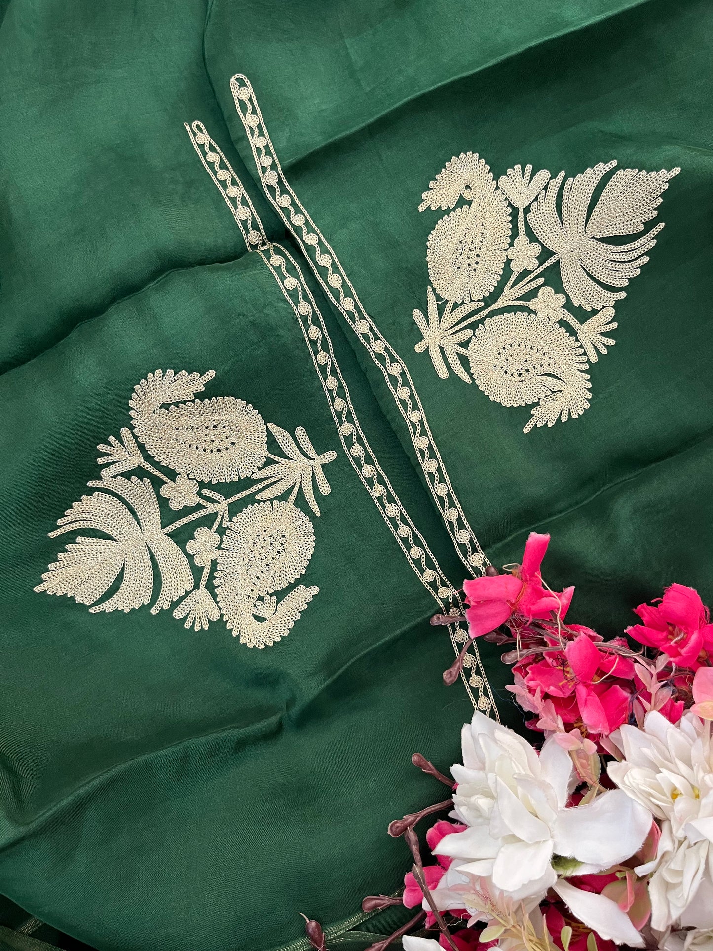 Bottle Green Silk Tilla Kashmiri Suit