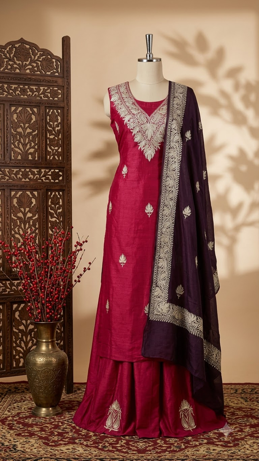 Carrot Pink Chanderi Silk Kashmiri Suit