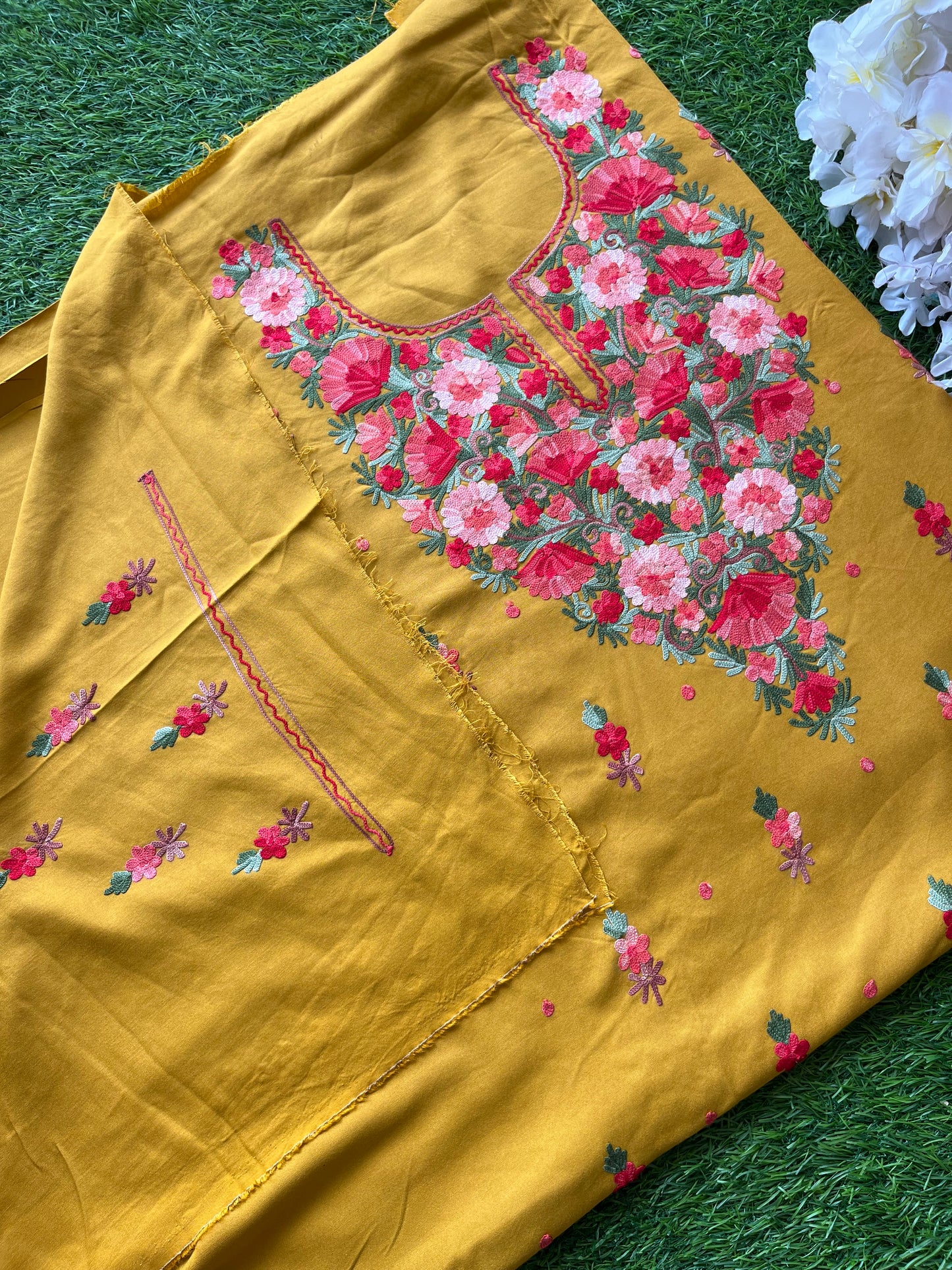 Mustard Yellow Rayon Cotton Organza Dupatta Aari Embroidered 3pc set