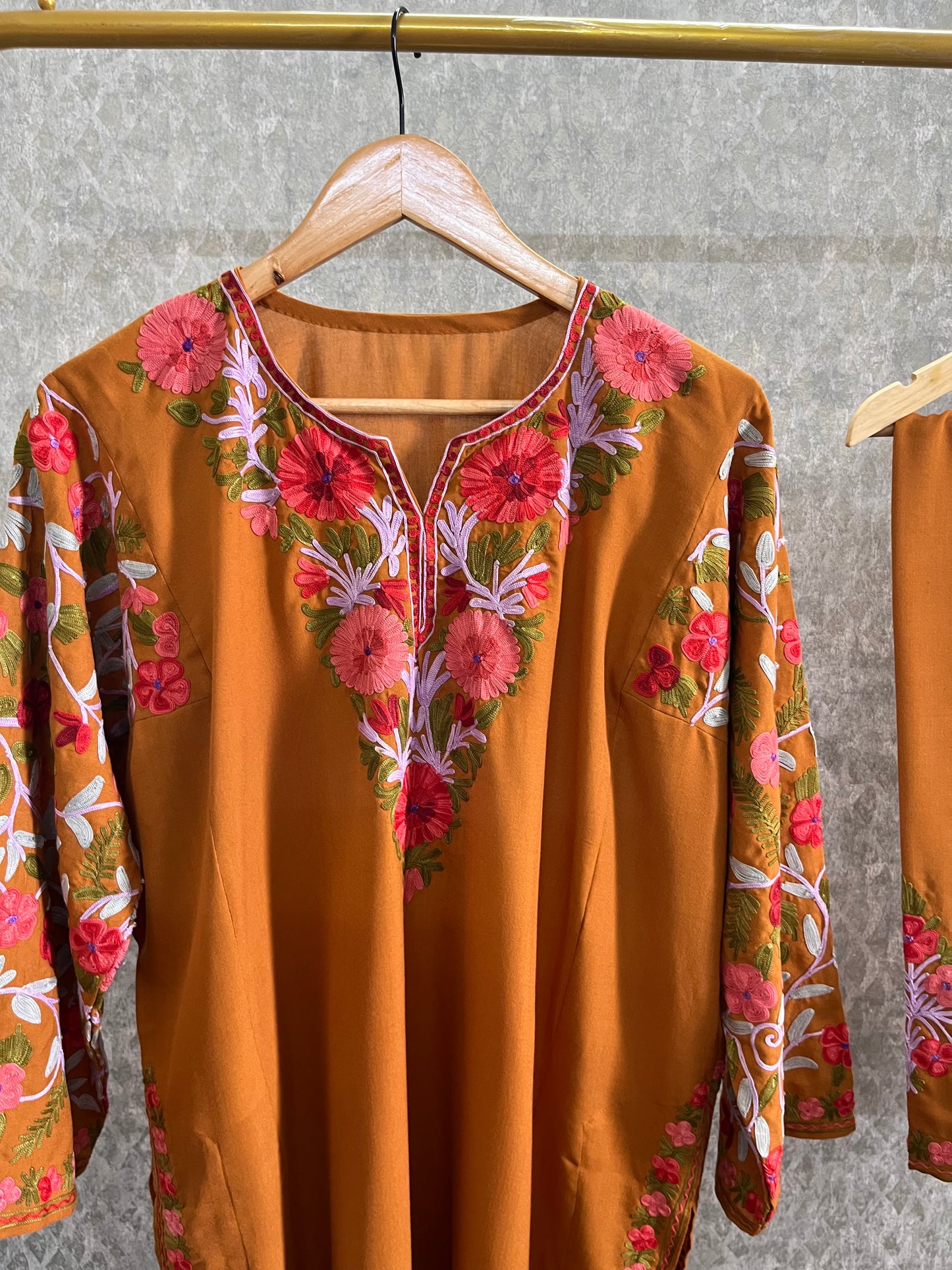 Mustard Brown Cotton Arm Jaal Pheran Set