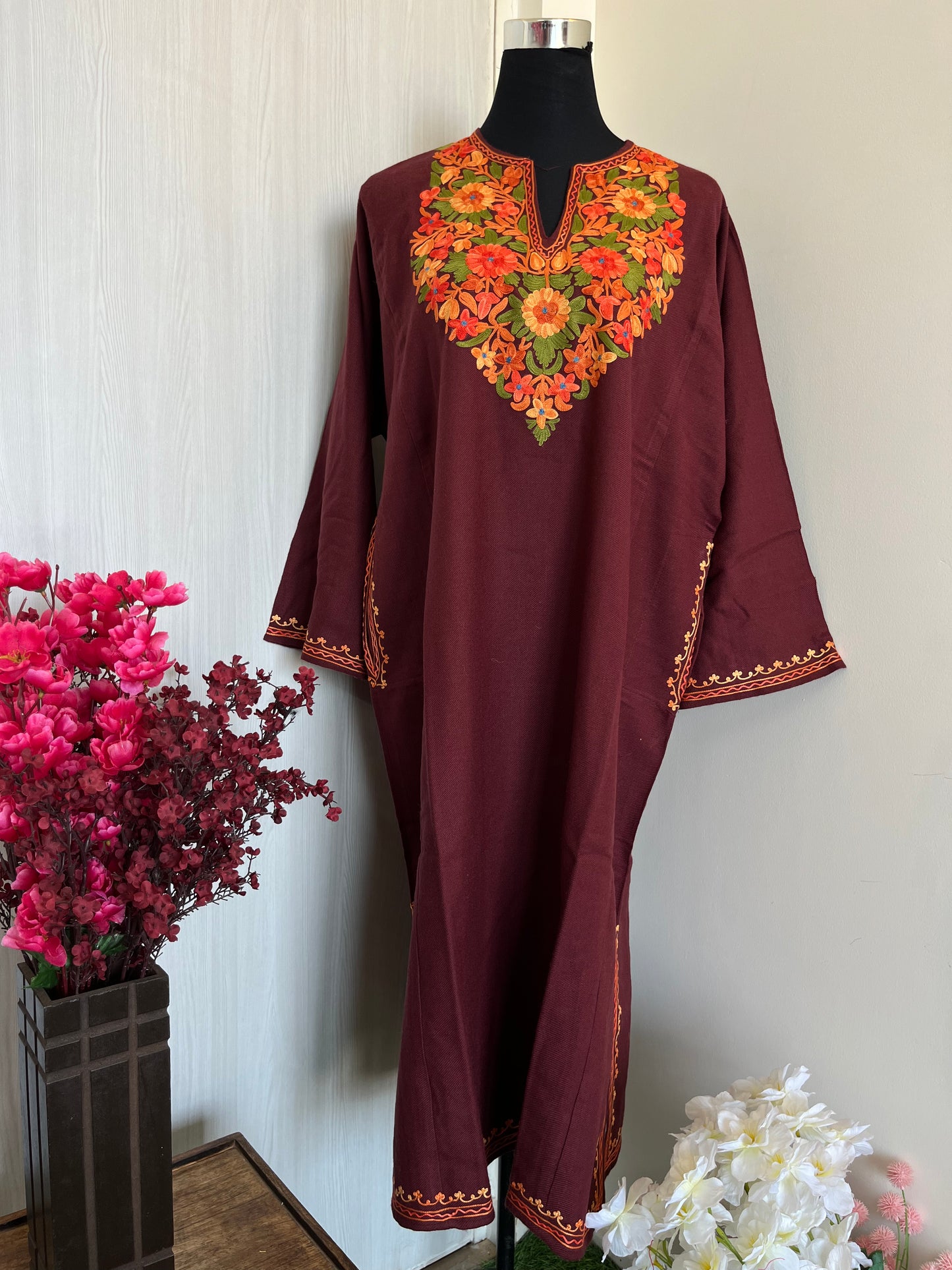 Reddish Brown Aari Embroidered Wool Pheran