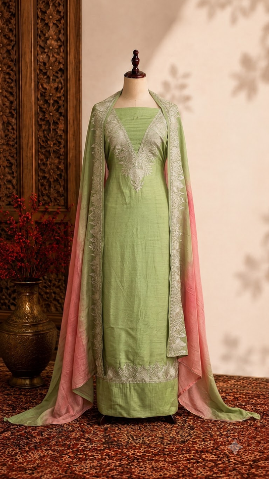 Sanam Pista Green Silk Kashmiri Suit