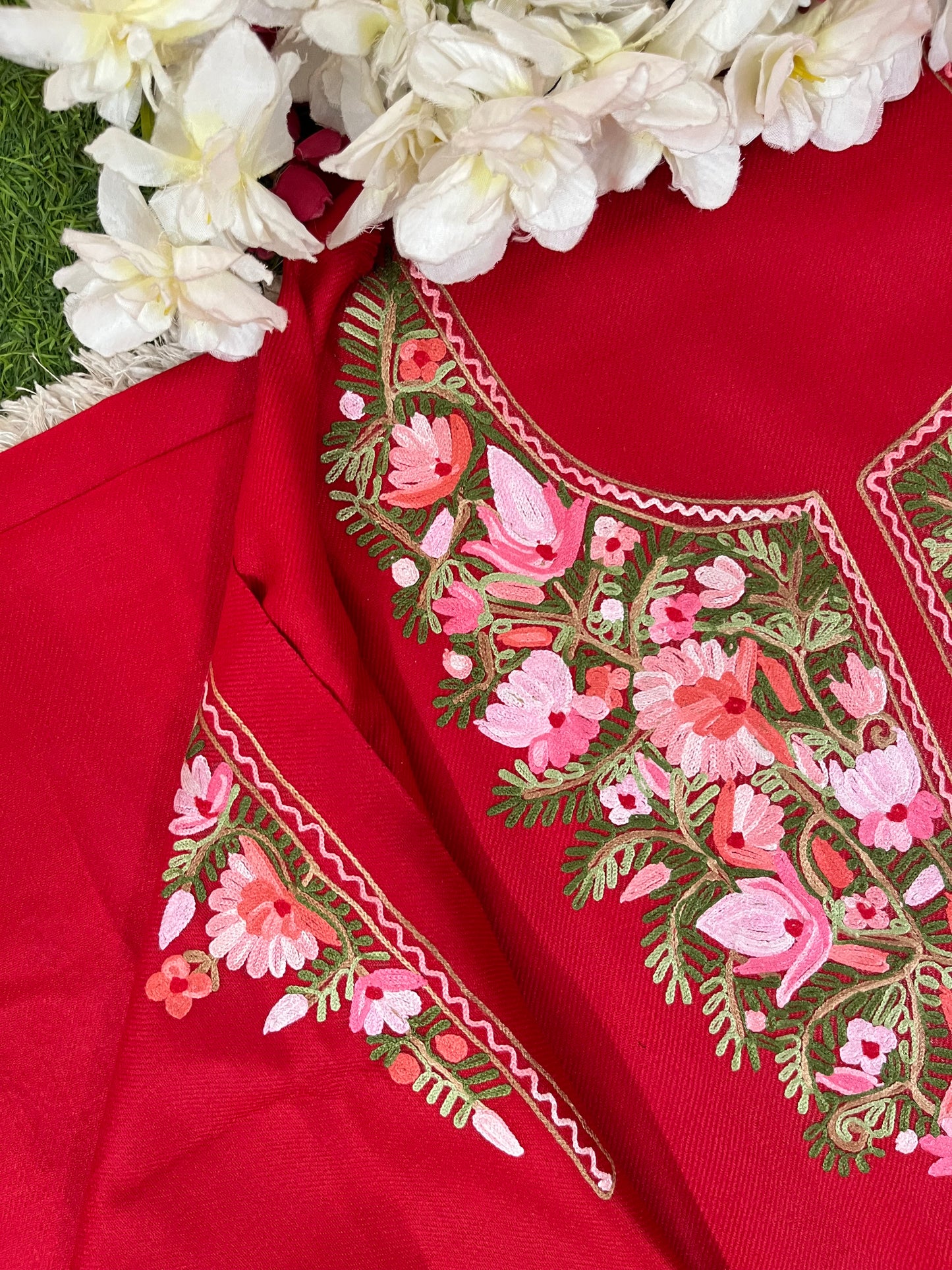 Red Woollen Aari Embroidered 2pc suit 5mtr