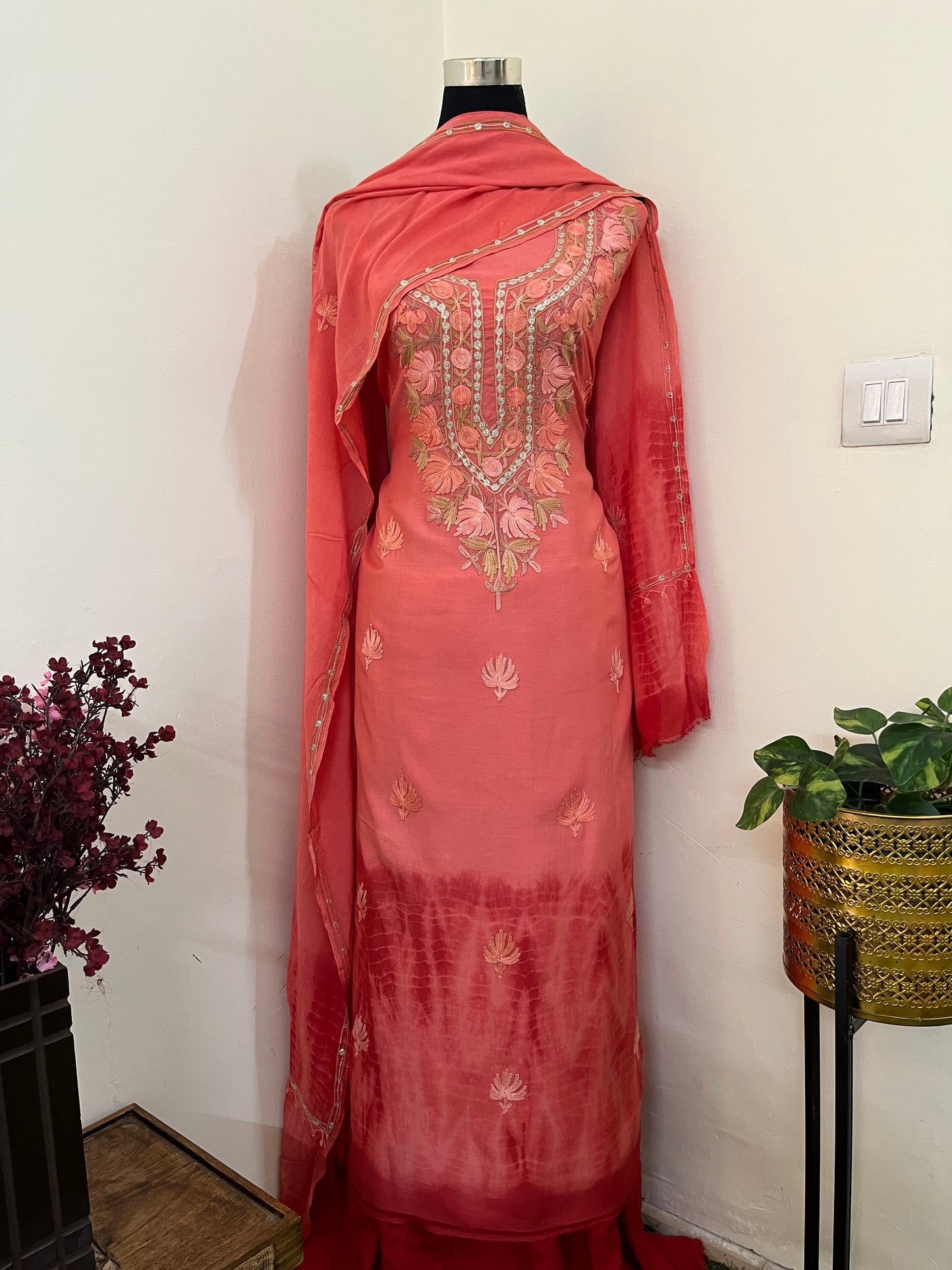 Orange Mul Cotton Shibori Work Kashmiri 3pc Suit