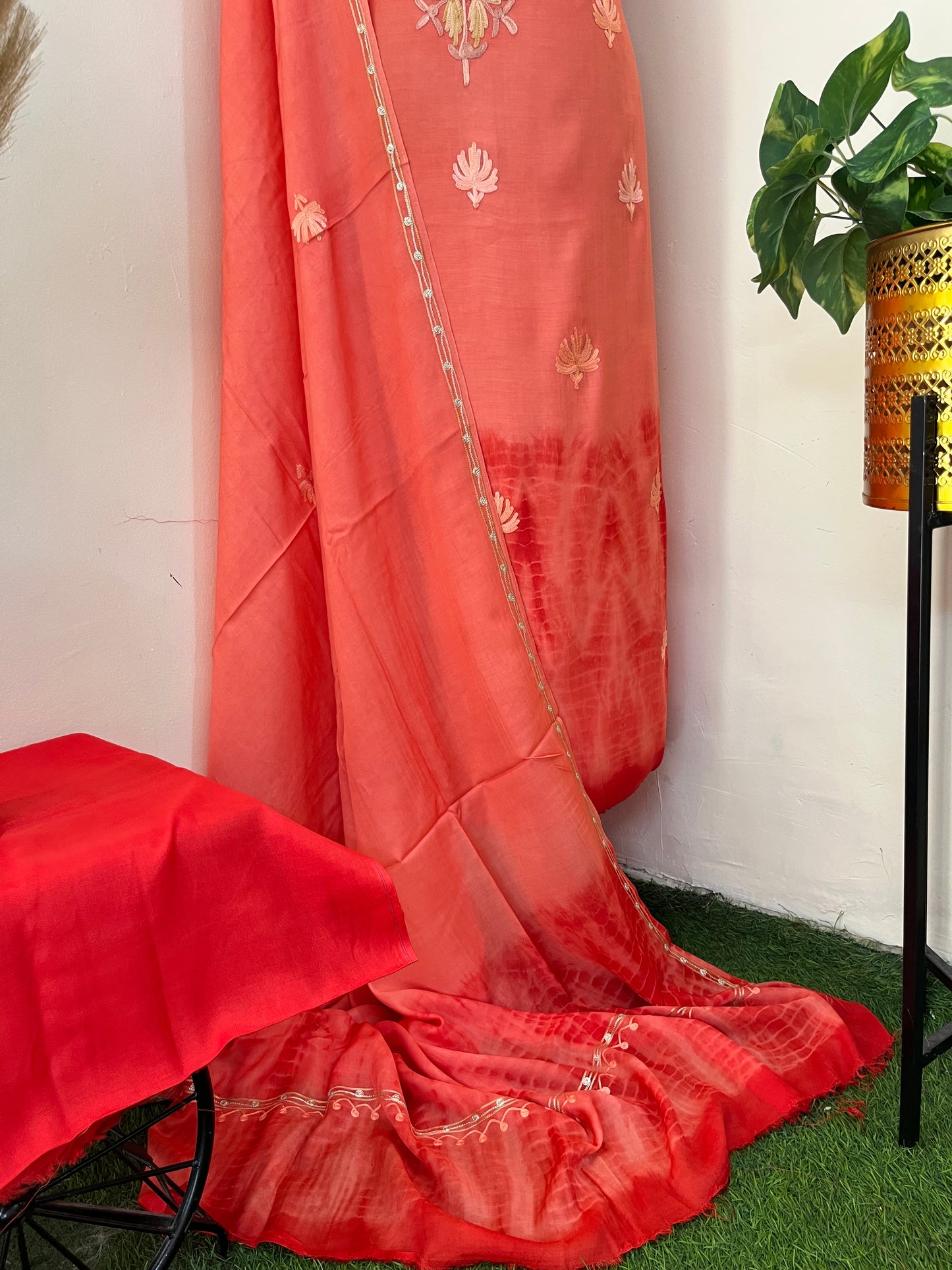 Orange Mul Cotton Shibori Work Kashmiri 3pc Suit