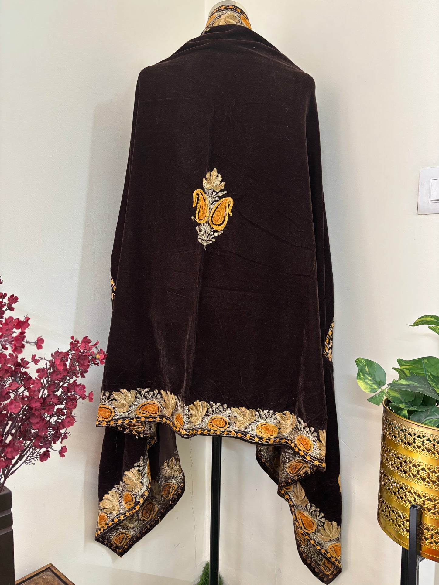 Brown Aari Embroidered Velvet Cape