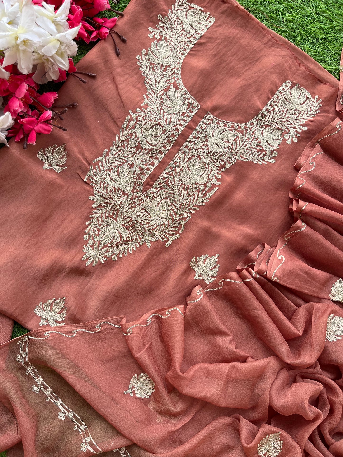 Dull Peach Silk Tilla Kashmiri Suit