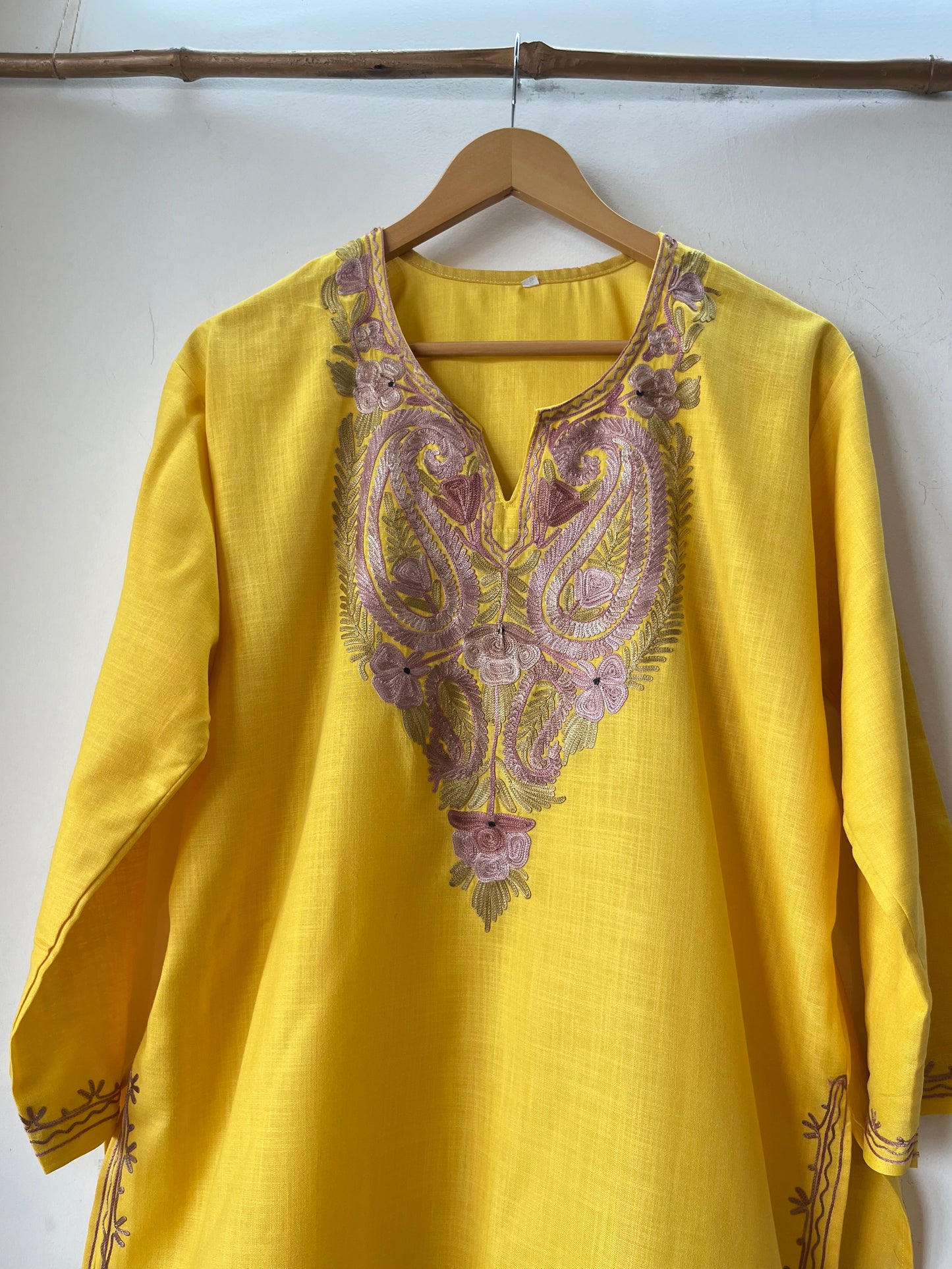 Yellow Cotton Aari Work Kurti