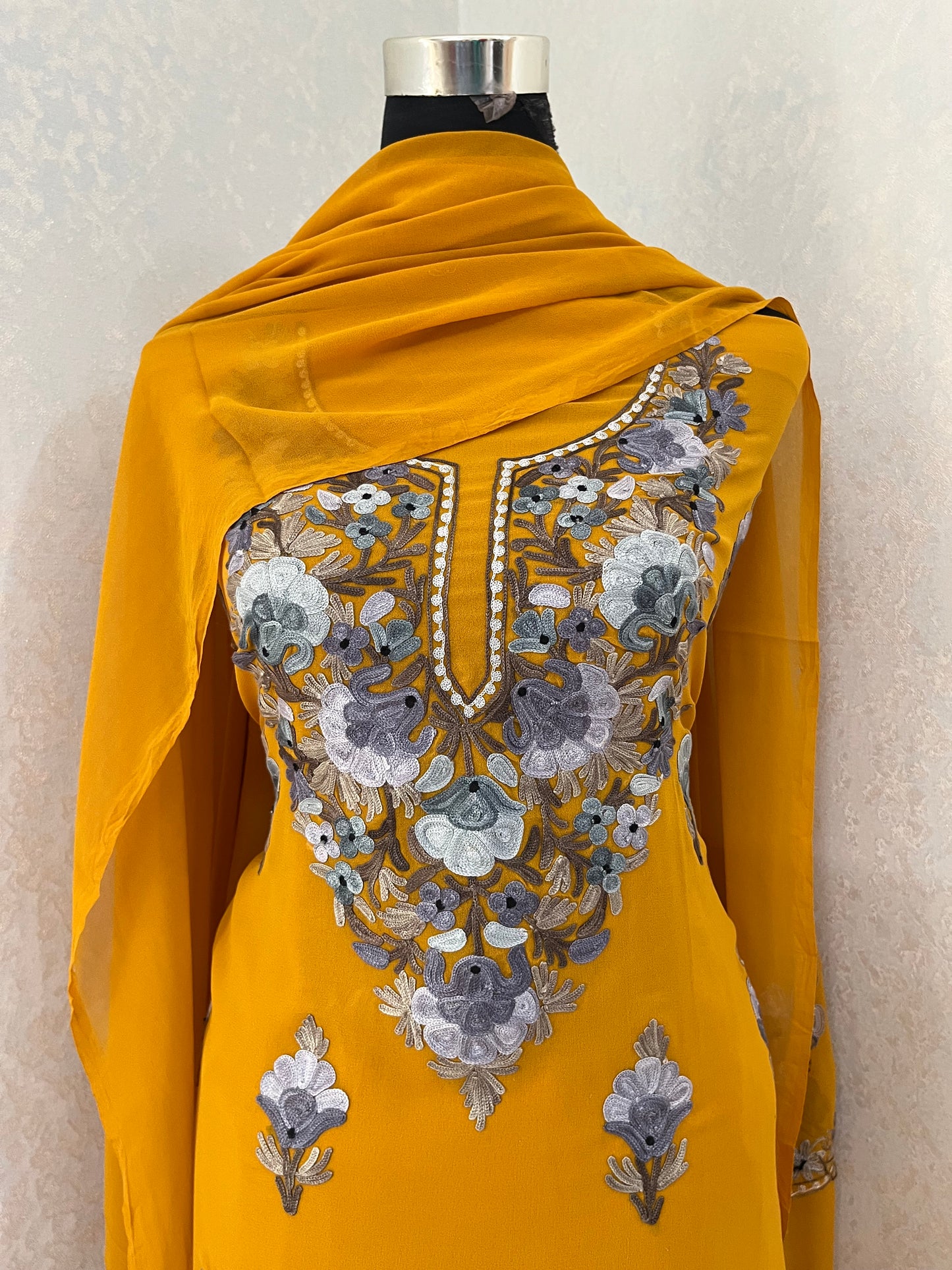 Mustard Yellow Georgette 3Pc Kashmiri Suit