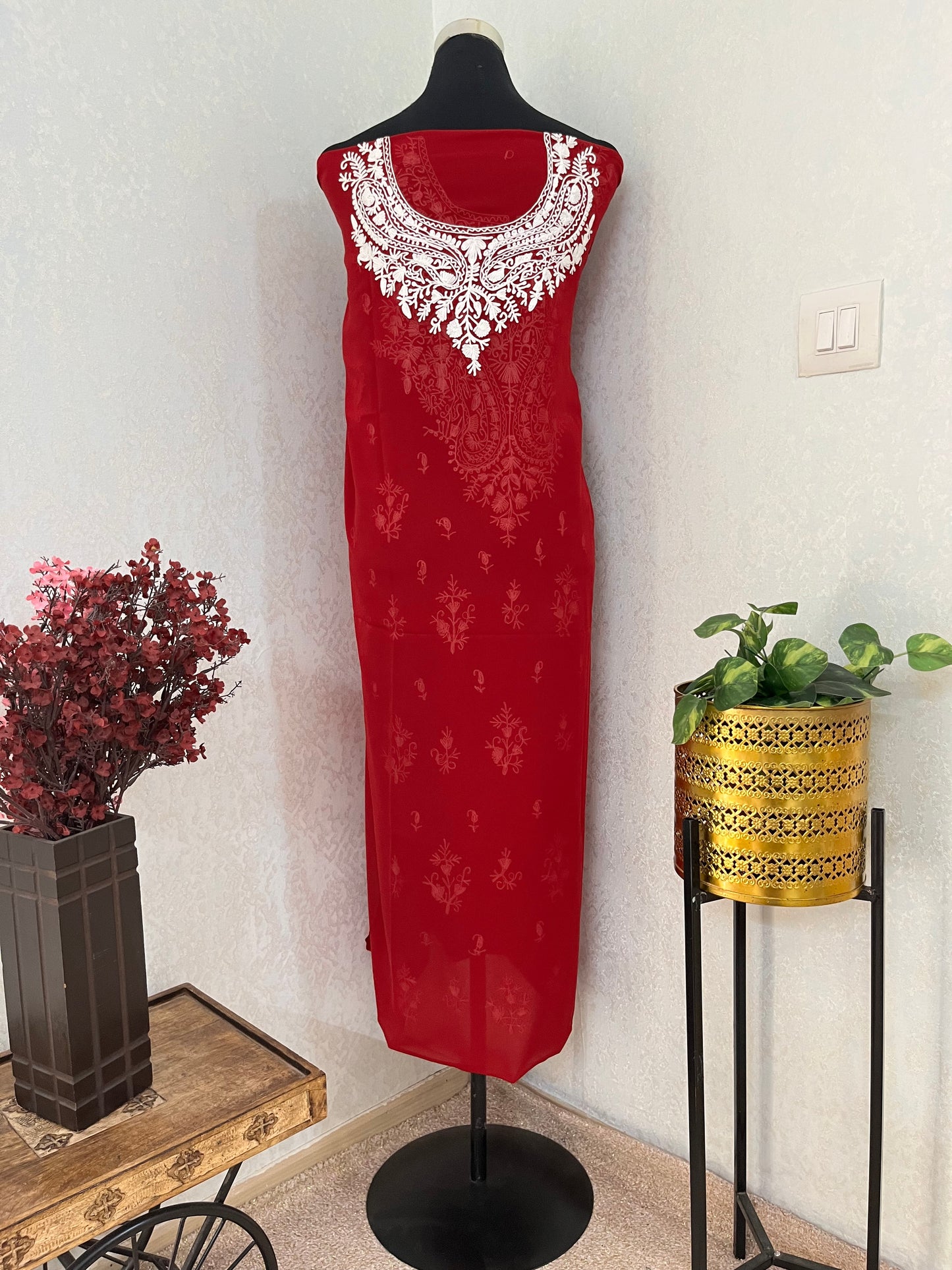 Maroon Georgette Kashmiri Unstitched Kurta Material