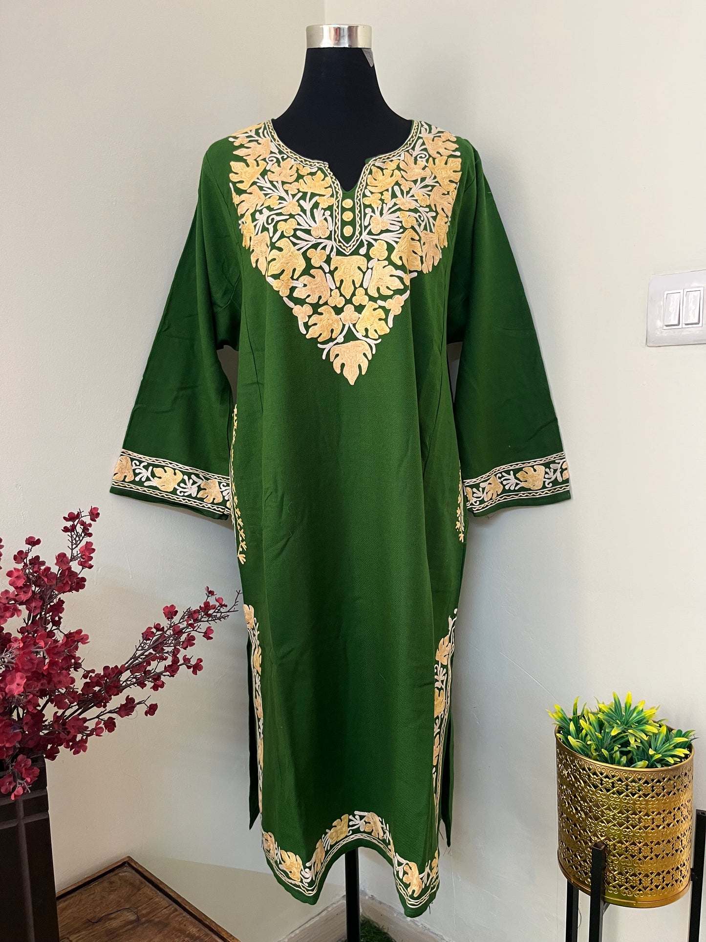 Henna Green Aari Embroidered Wool Pheran