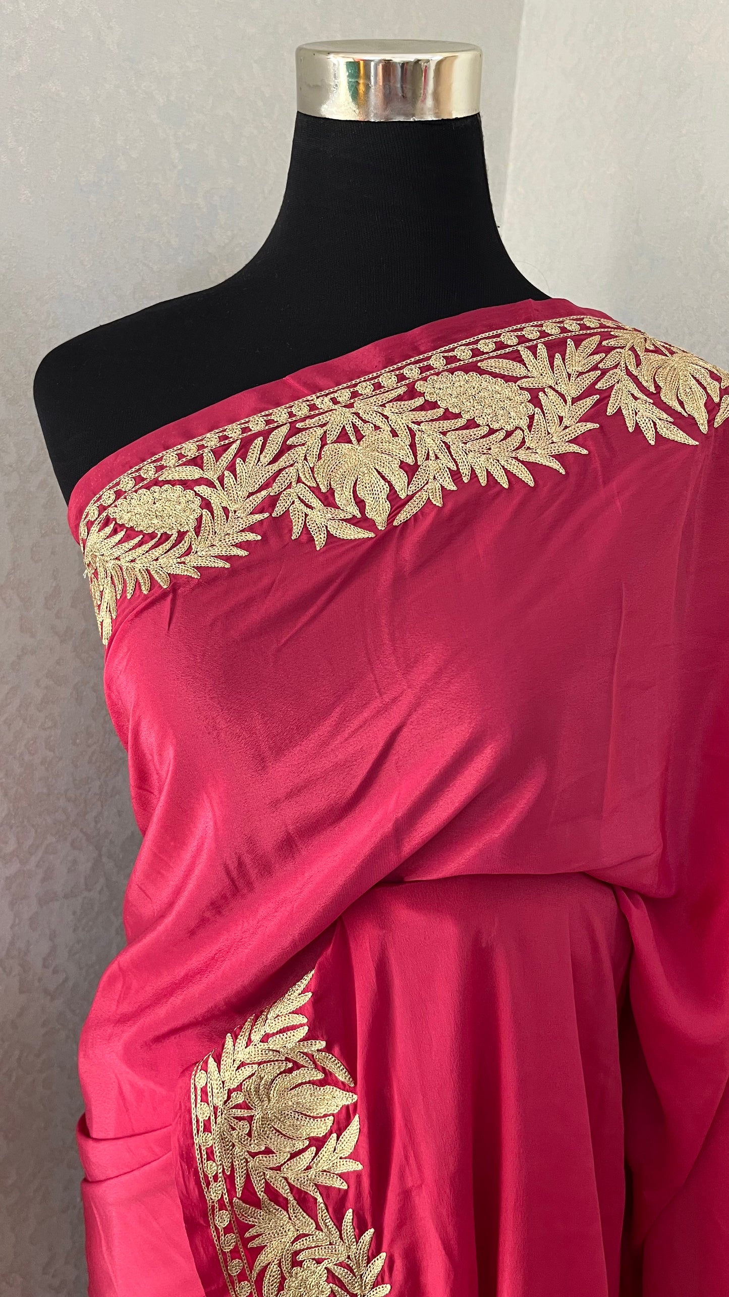 Pink Crape Kashmiri Tilla Saree