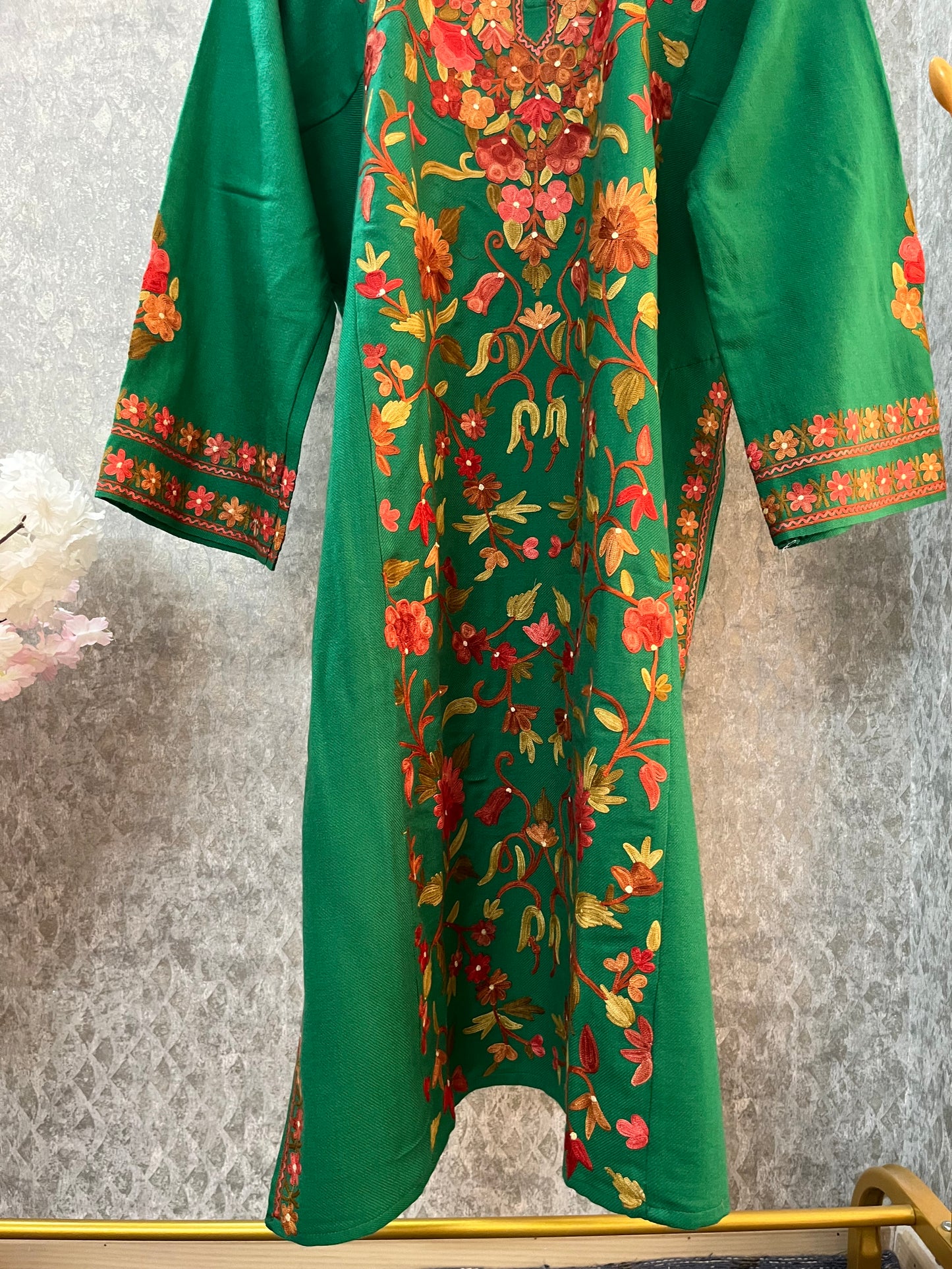 Green Aari Embroidered Wool Pheran