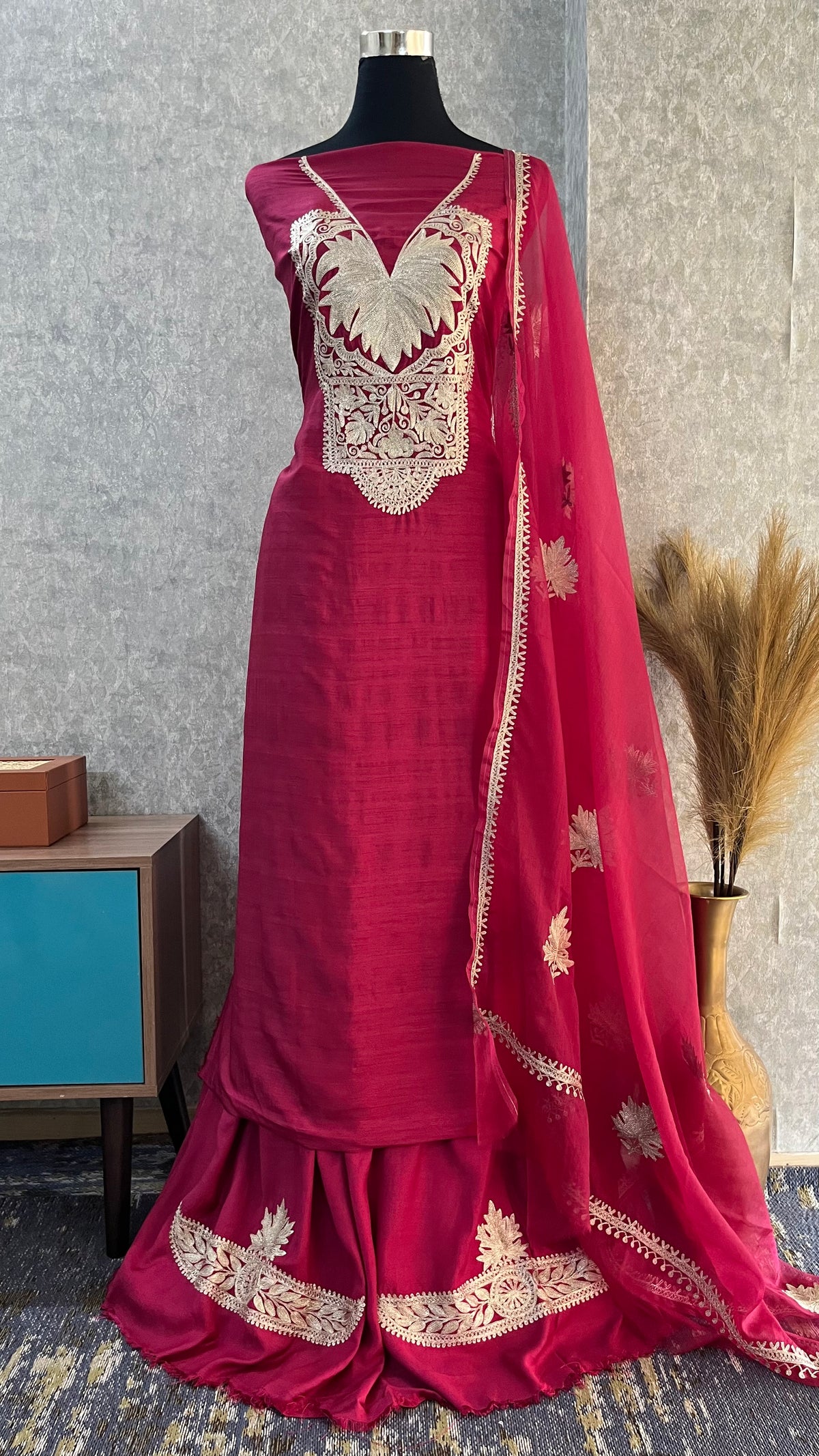 Hot Pink Silk Tilla Embroidered Suit