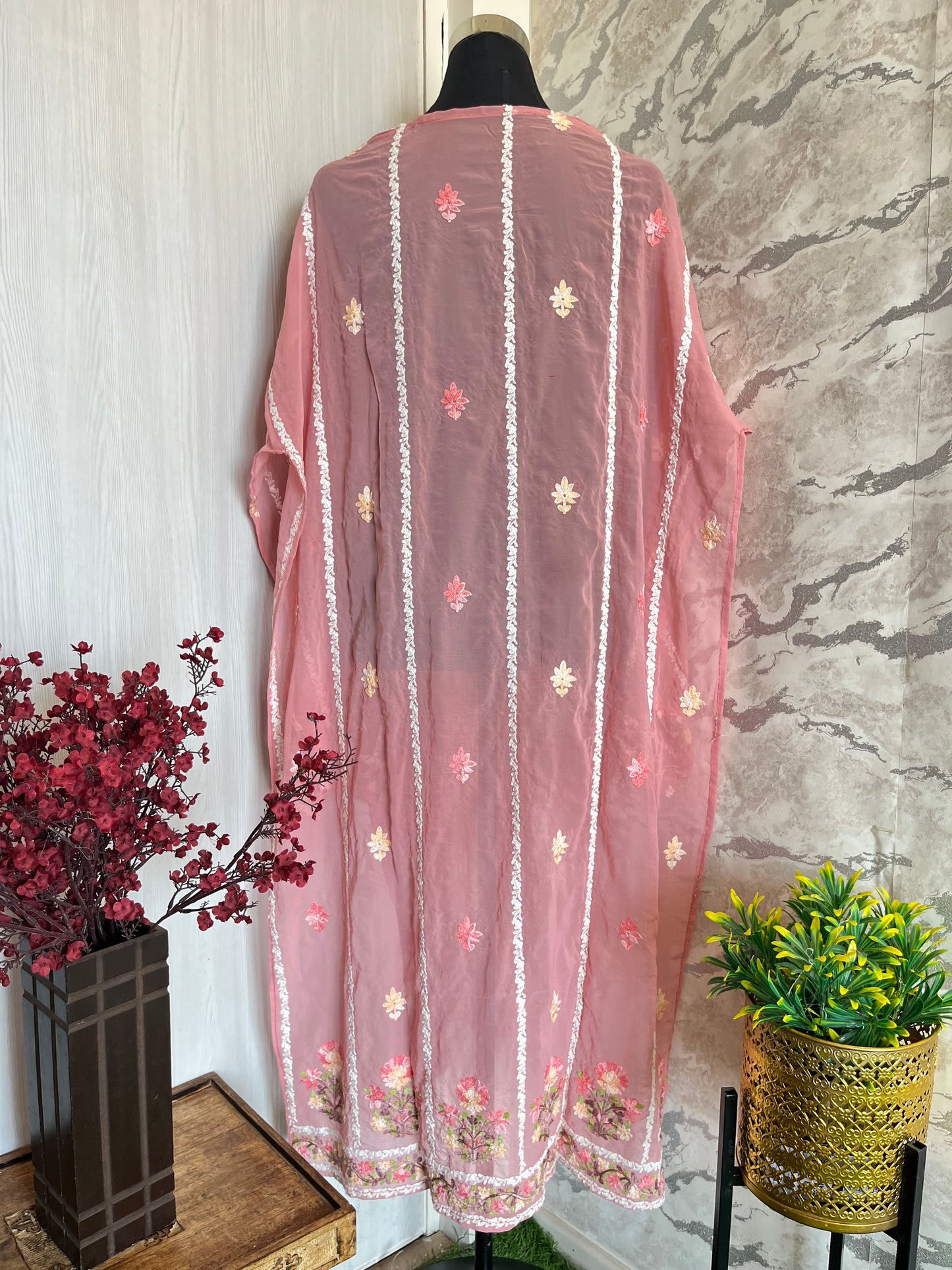 Pink Georgette All over Work Aari Embroidered Unstitched Kurta Material