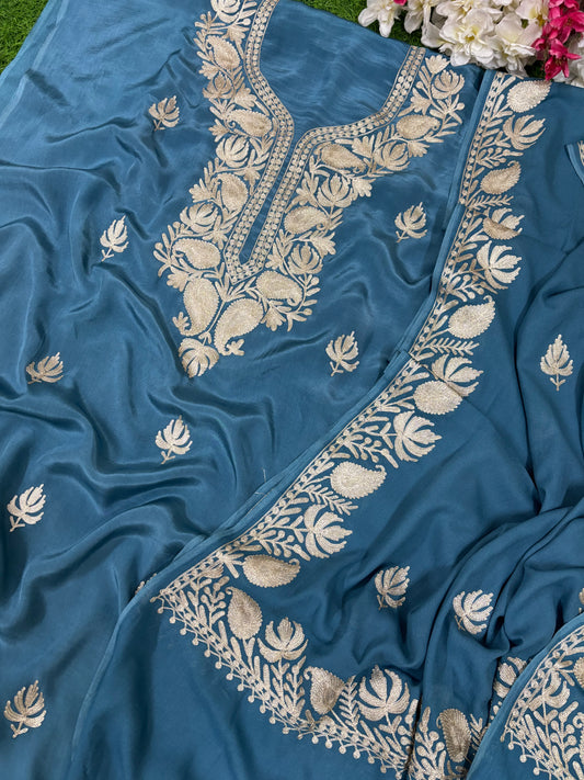 Kalaa’ English Blue Crape Kashmiri Suit