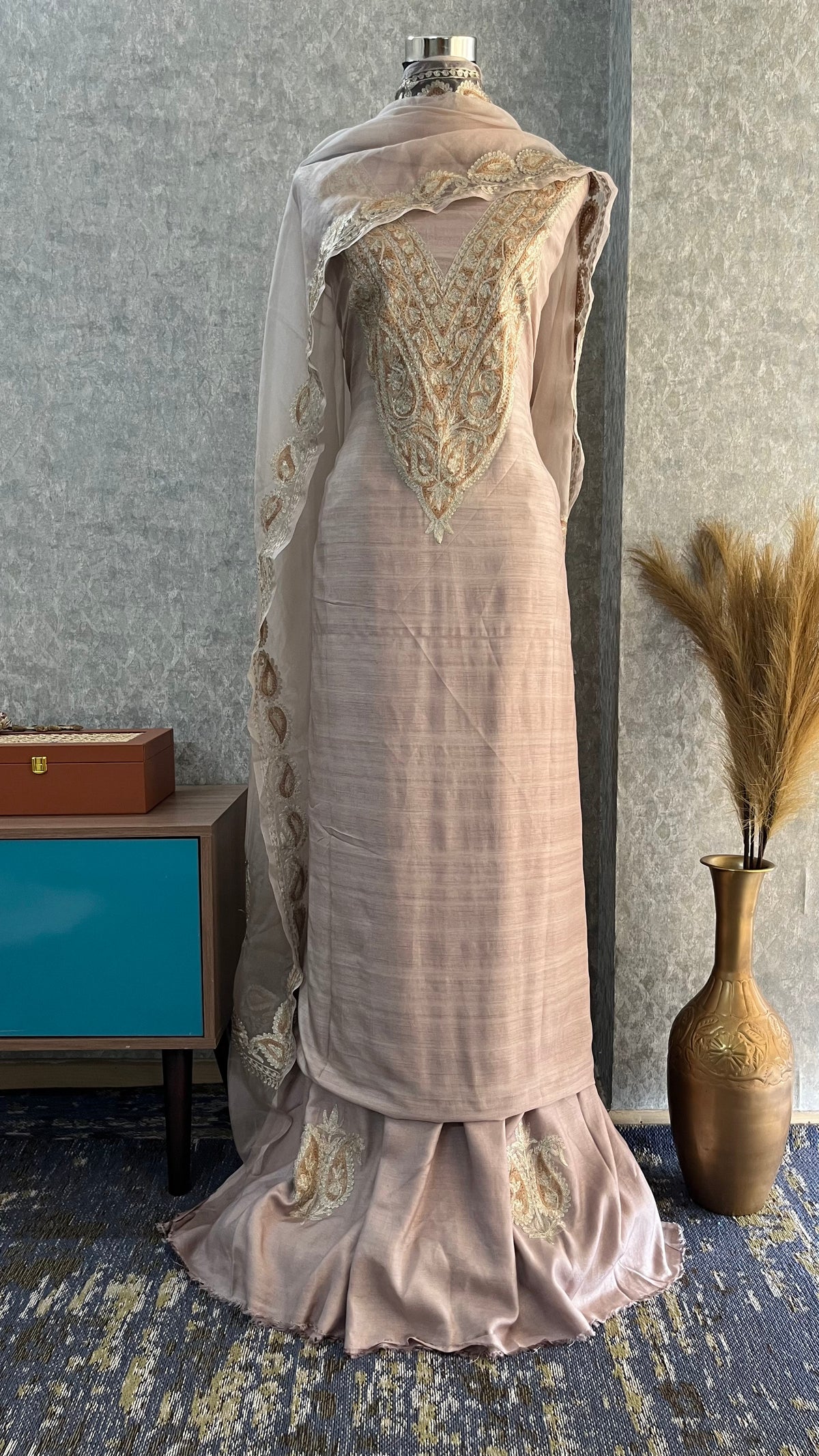 Beige Silk Kashmiri Suit