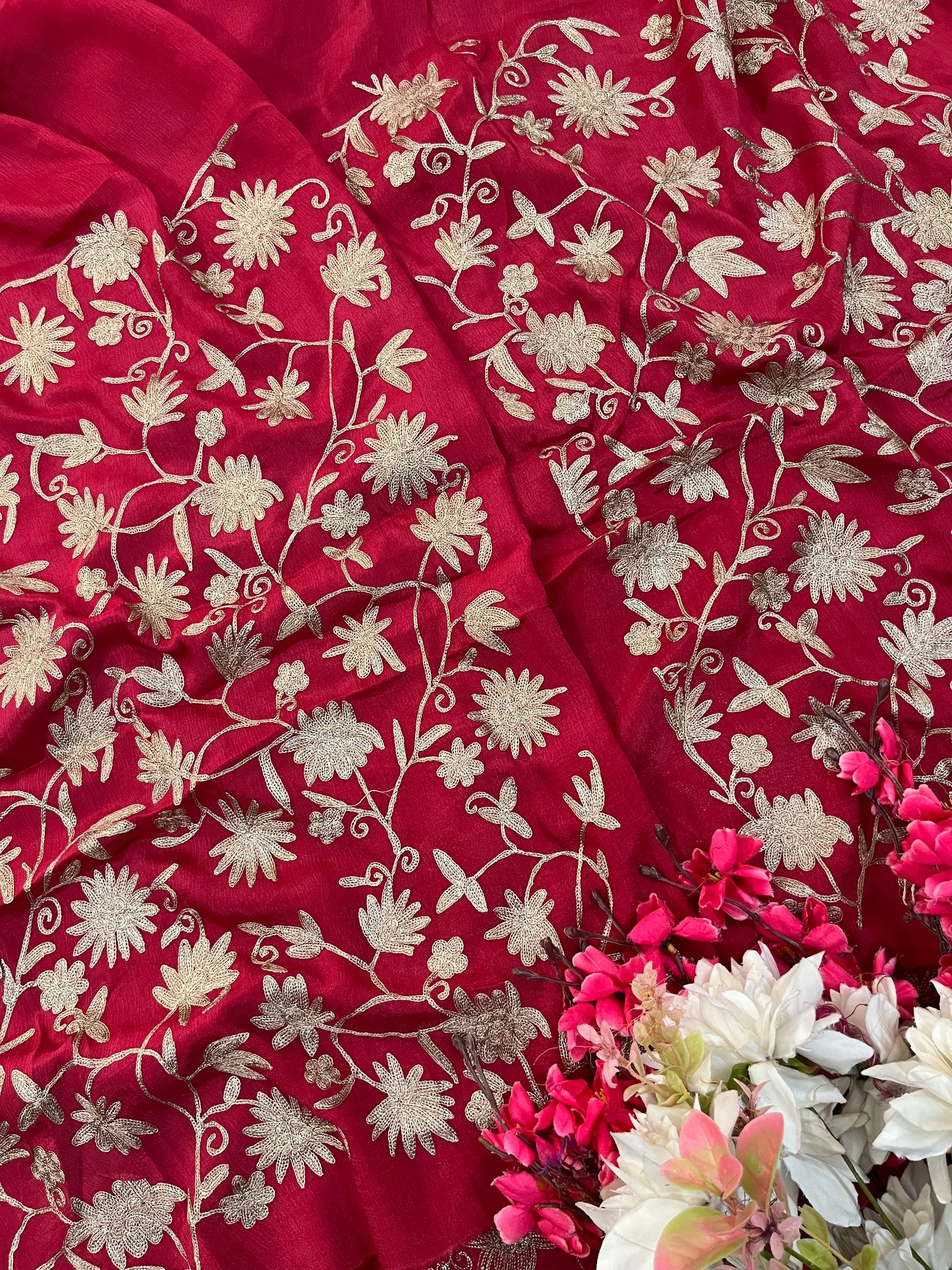 Coral Pink Pure Chinon 3 Pc Heavy Kashmiri Suit