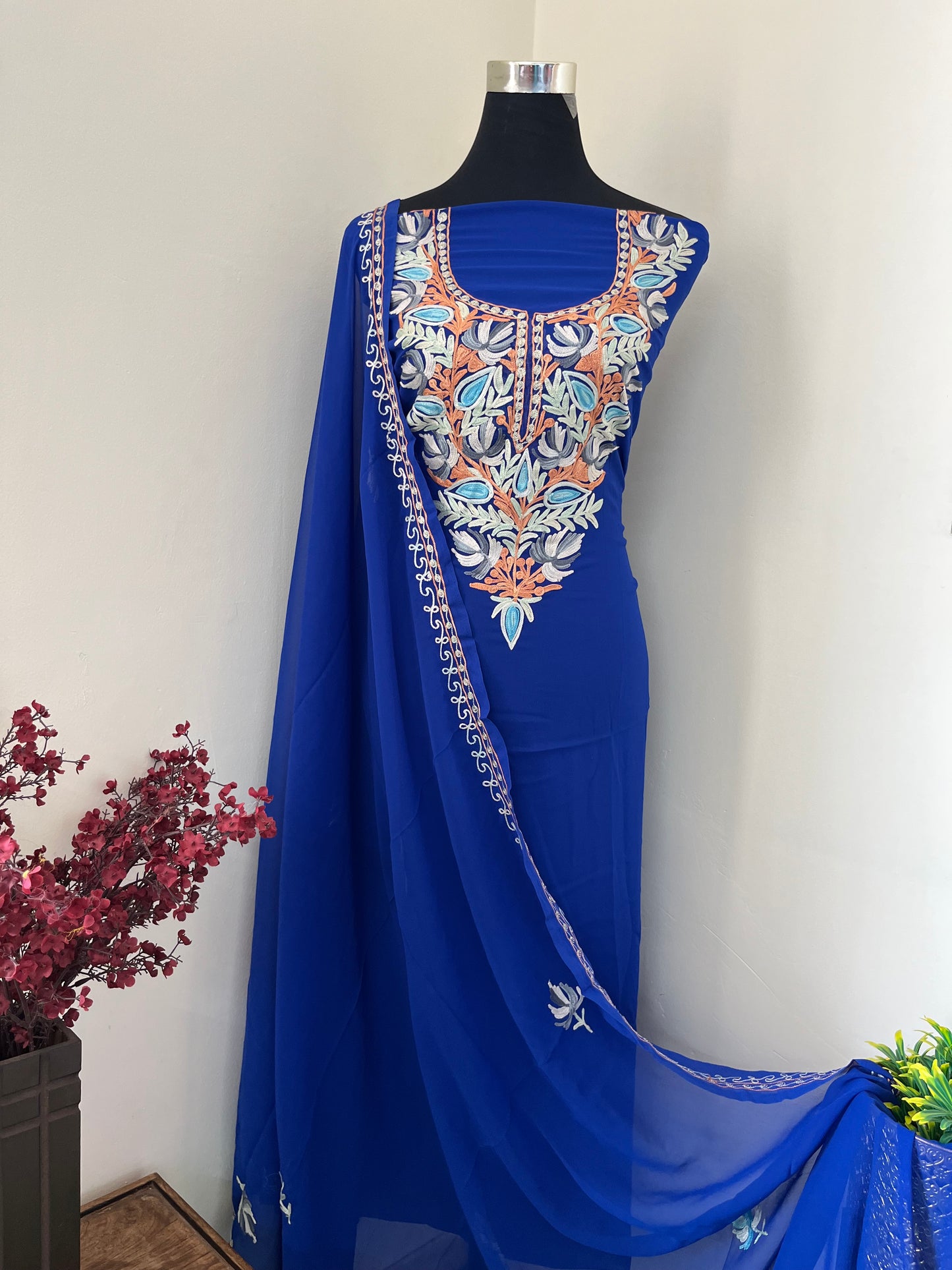 Electric Blue Georgette Shirt and Dupatta Aari Embroidered Suit