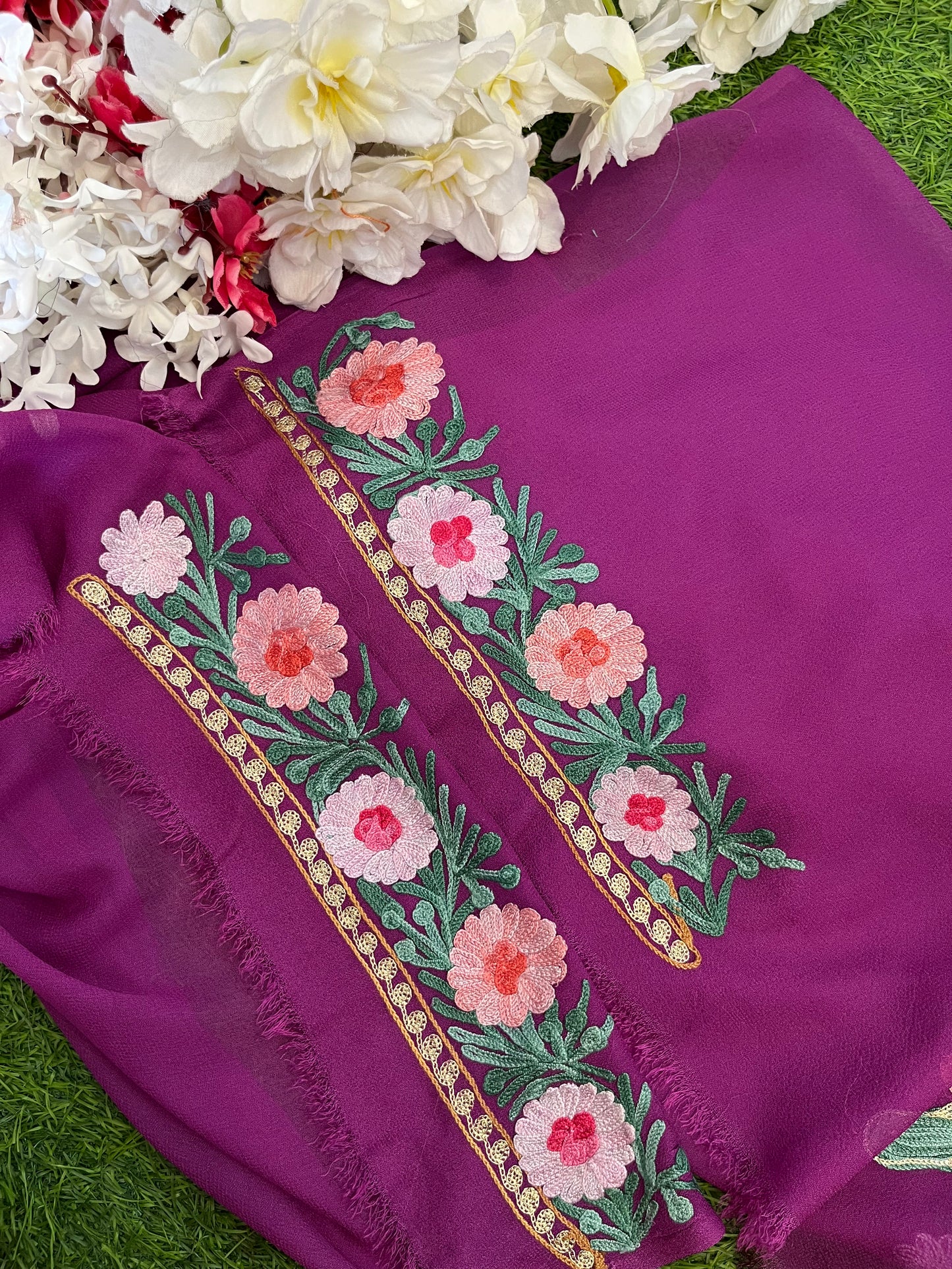 Wine Pure Georgette Aari Embroidered Suit