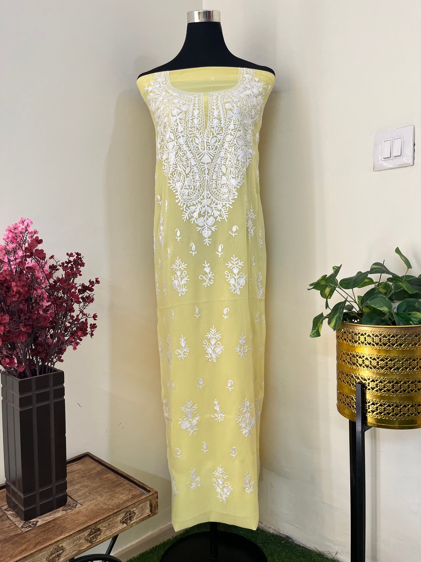 Lemon Yellow Georgette Kashmiri Unstitched Kurta Material