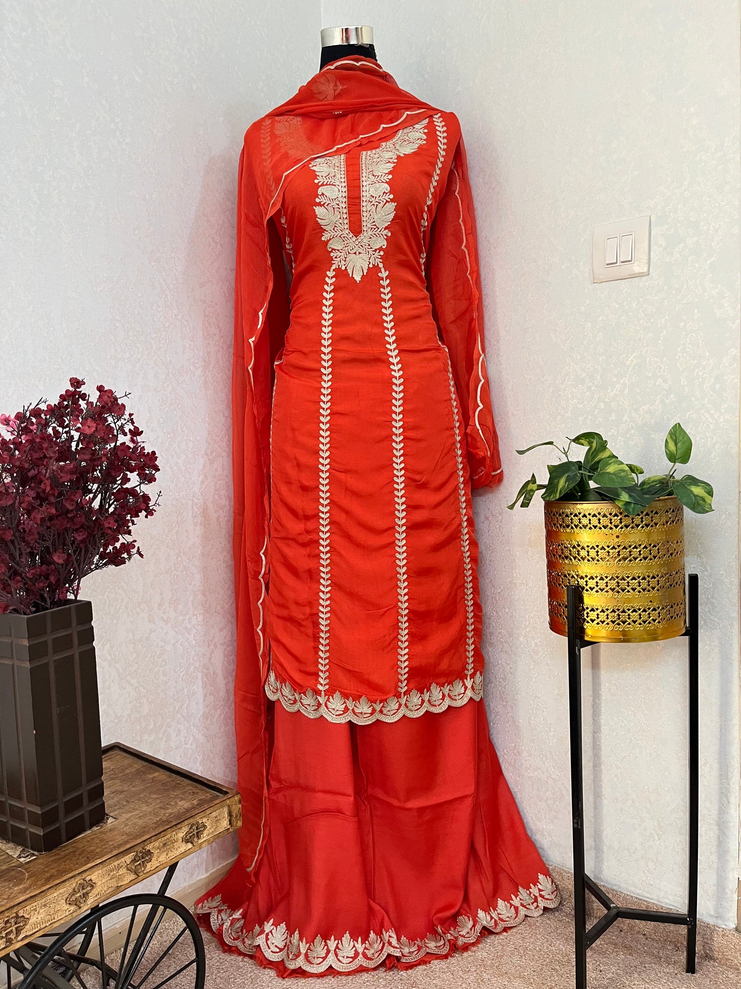 Orange Sanam’ Silk Tilla Kashmiri Suit