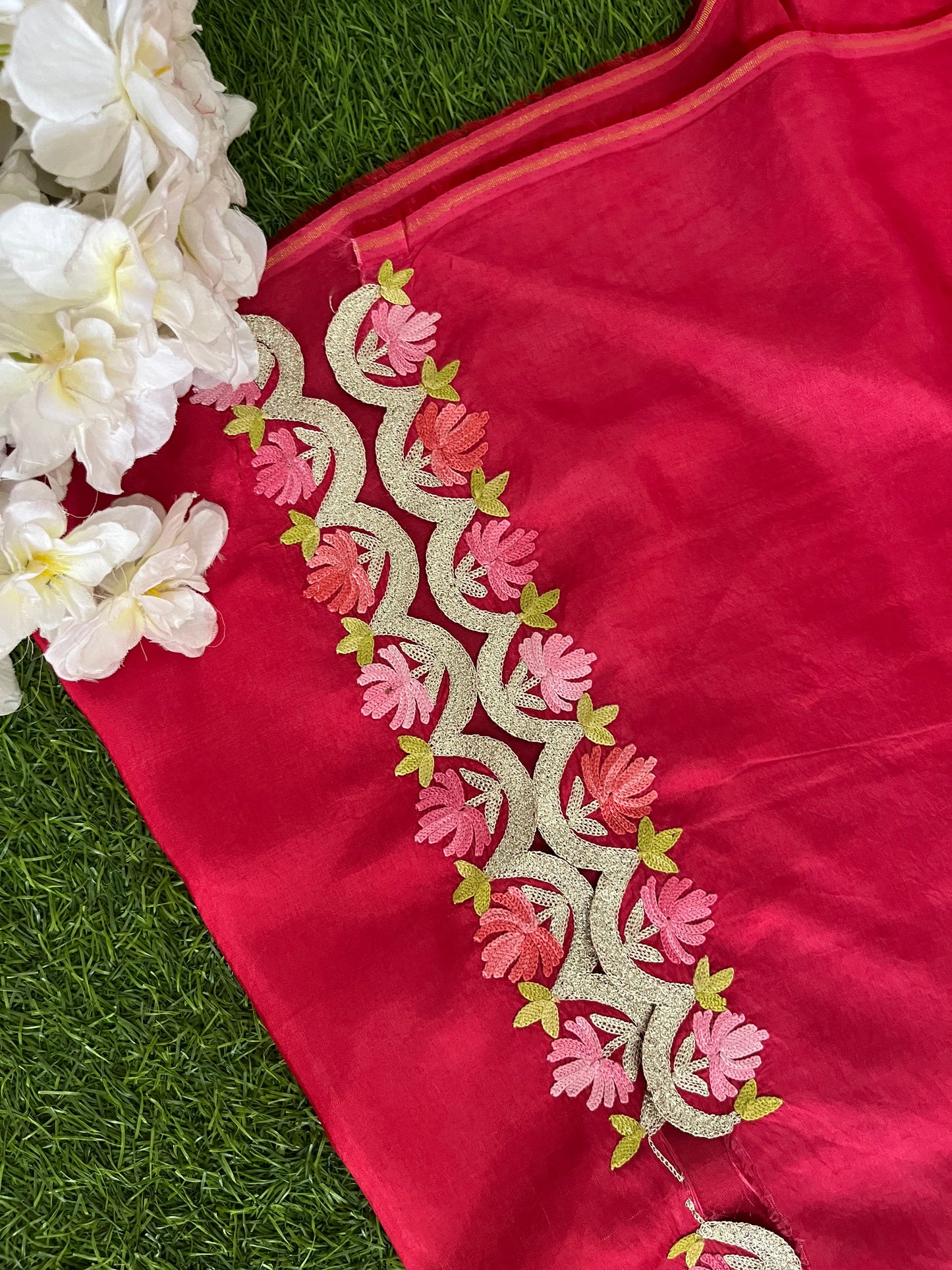 Sanam’ Coral Red Silk Aari Embroidered Suit material