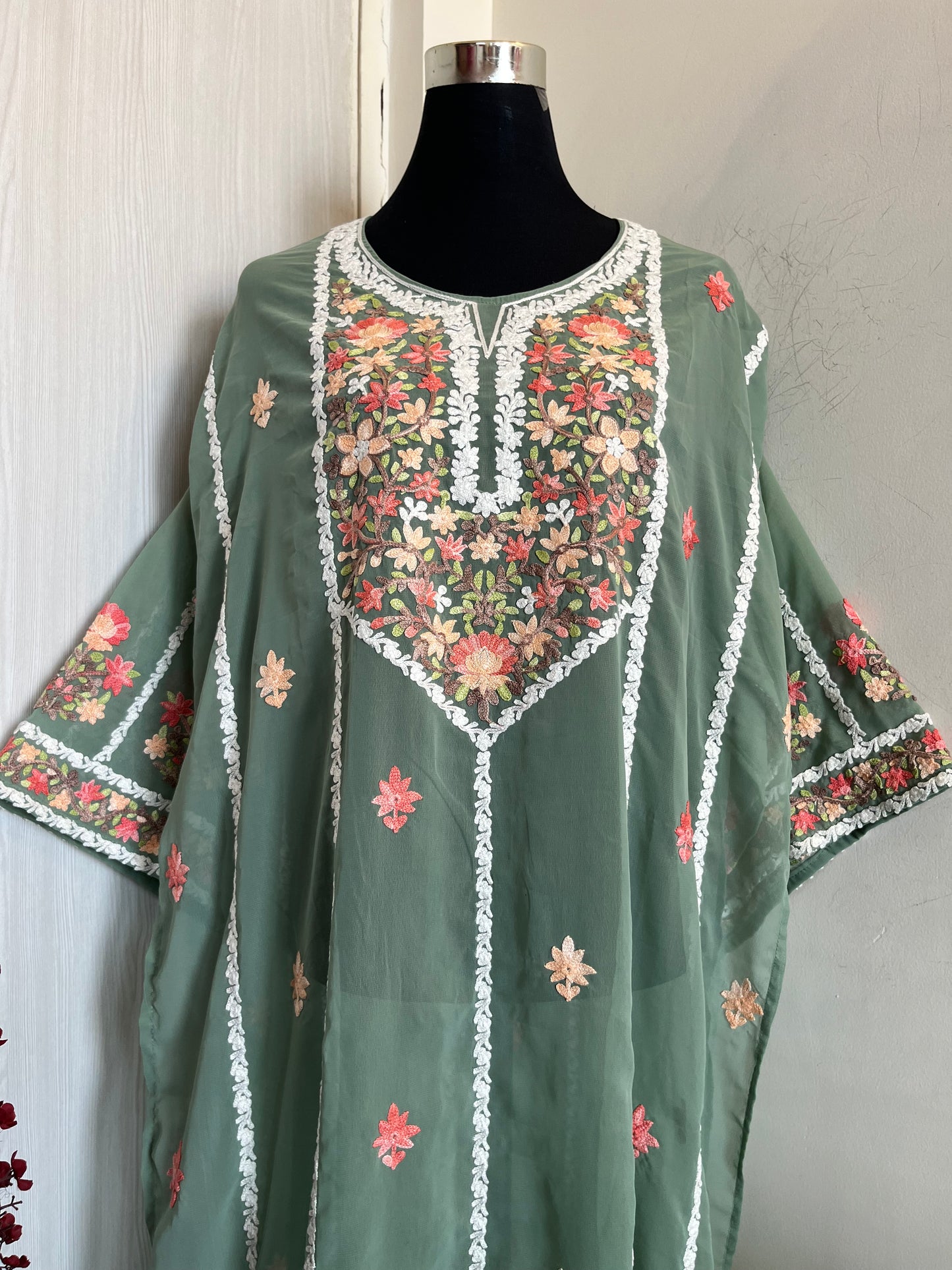 Pastel Green Georgette All over Work Aari Embroidered Unstitched Kurta Material