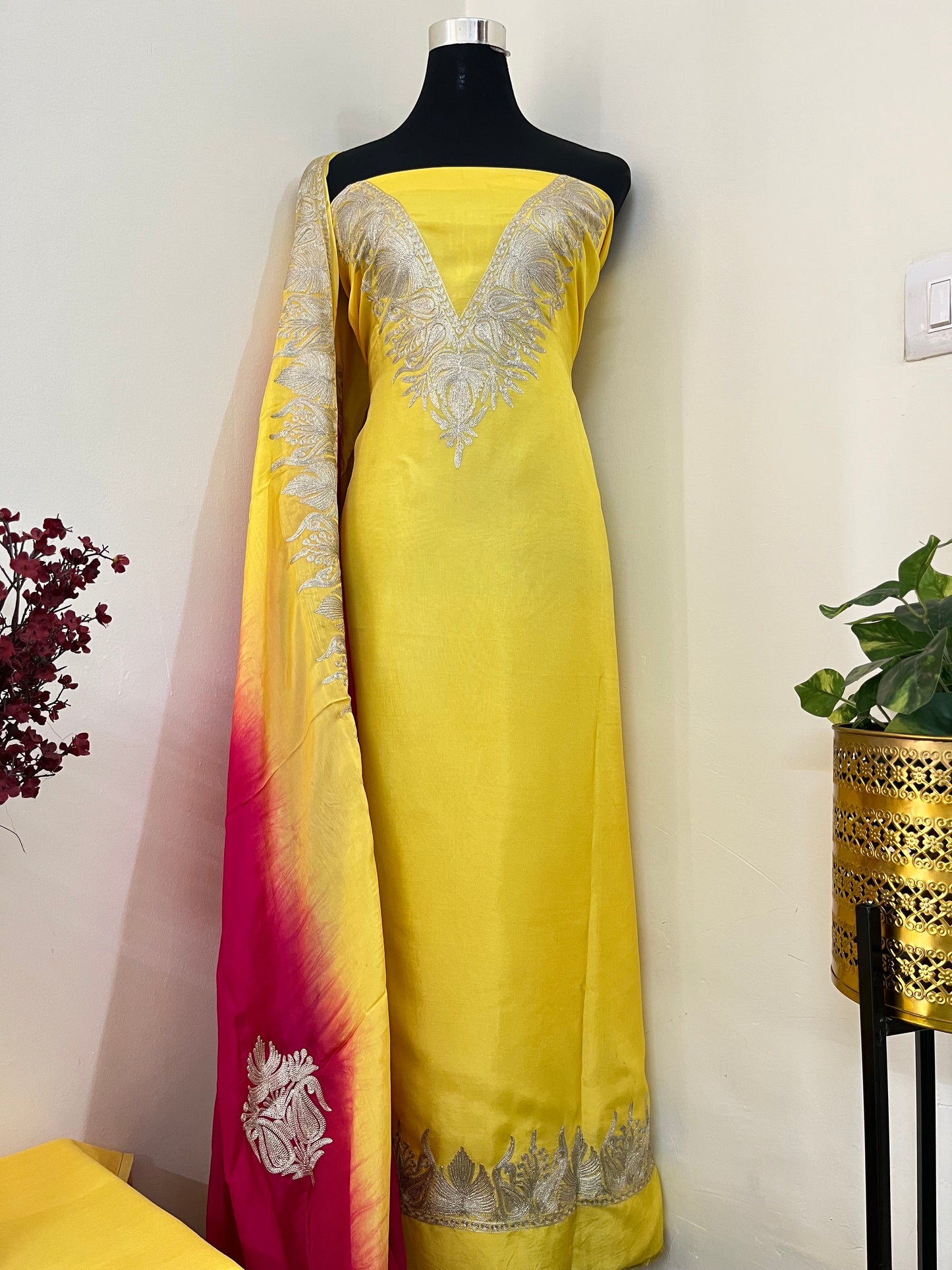 Sanam Musk Yellow Silk Kashmiri Suit