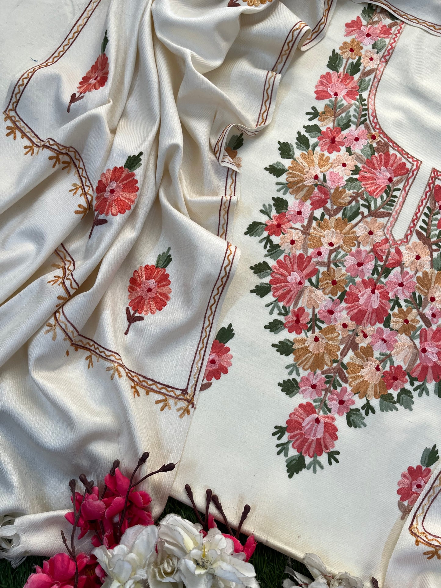 Off White Woollen Aari Embroidered 3pc suit