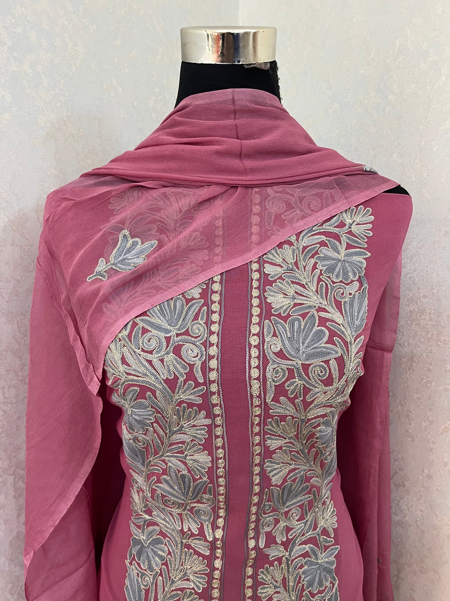 Soft Pink Pure Georgette Achkan Kashmiri Suit