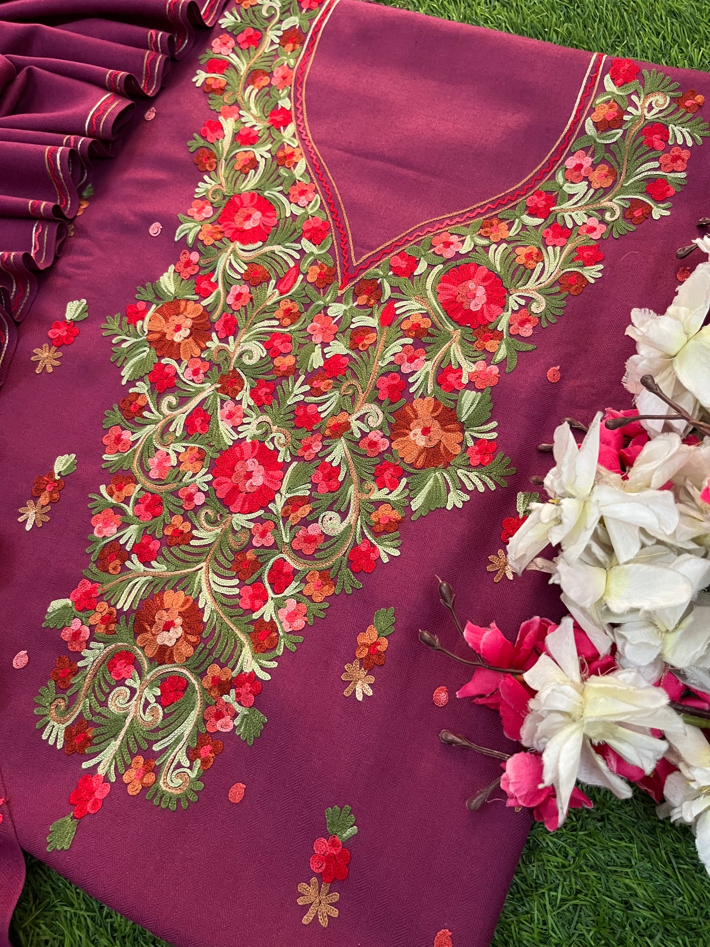 Wine Woollen Aari Embroidered 3pc suit